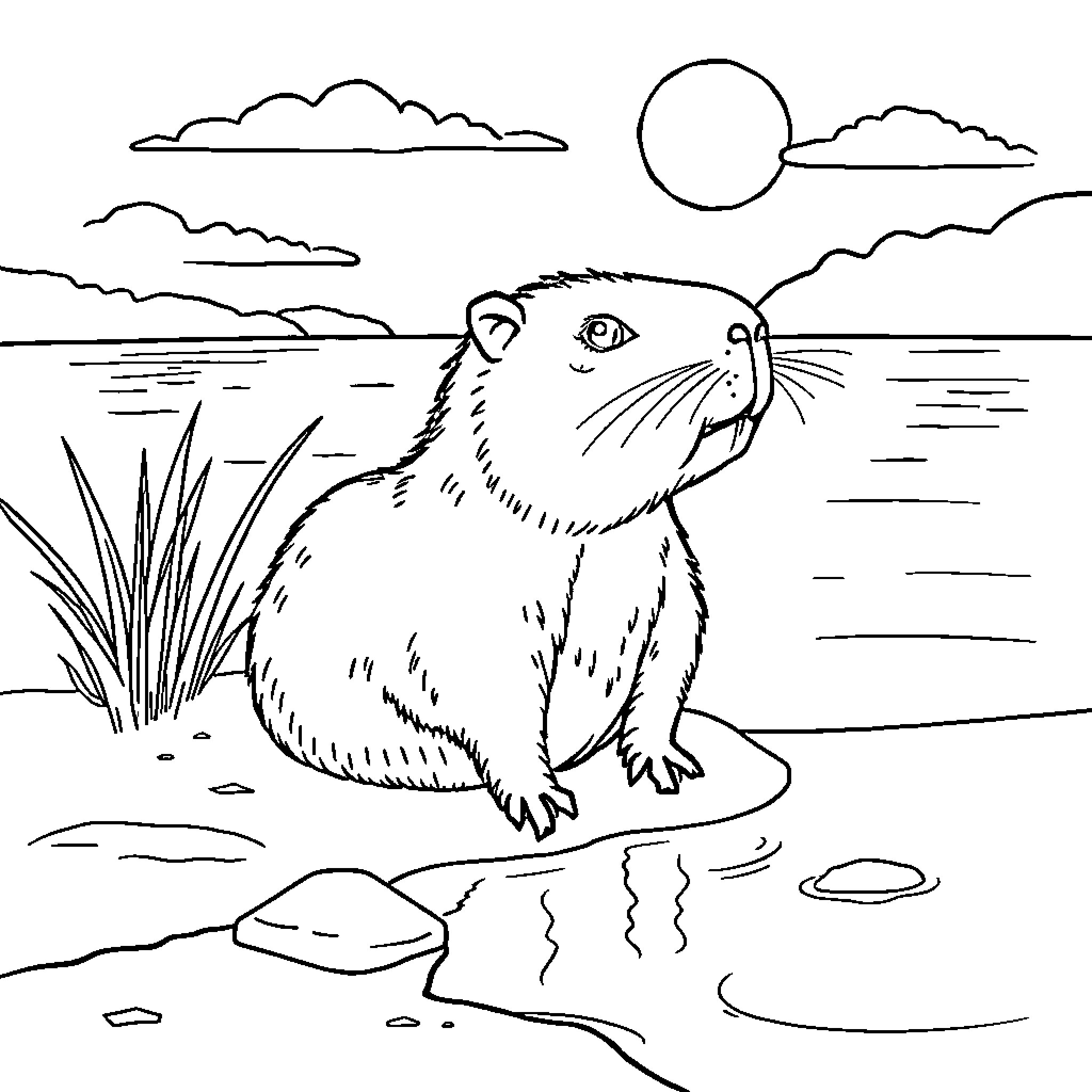Capibara relaxing by the lake Coloring Page (free black-and-white line drawing printable PDF for all, from beginners to advanced learners, including children, teens, adults, and seniors)