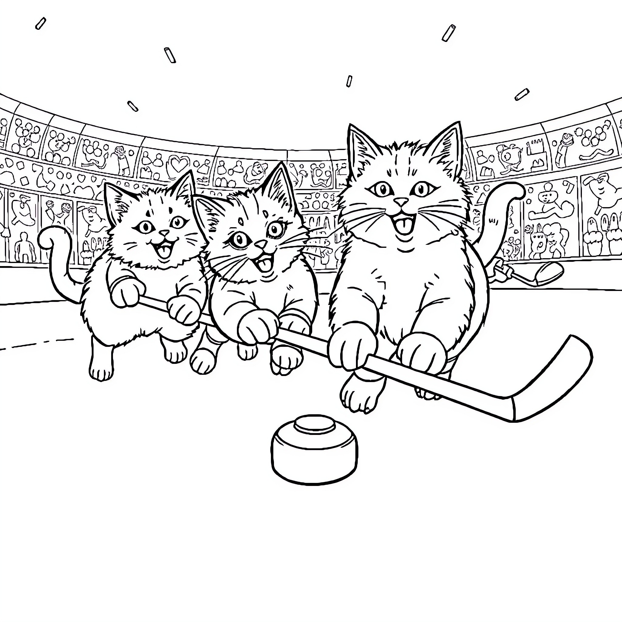 Cat hockey players having fun on the ice Coloring Page (free black-and-white line drawing printable PDF for all, from beginners to advanced learners, including children, teens, adults, and seniors)