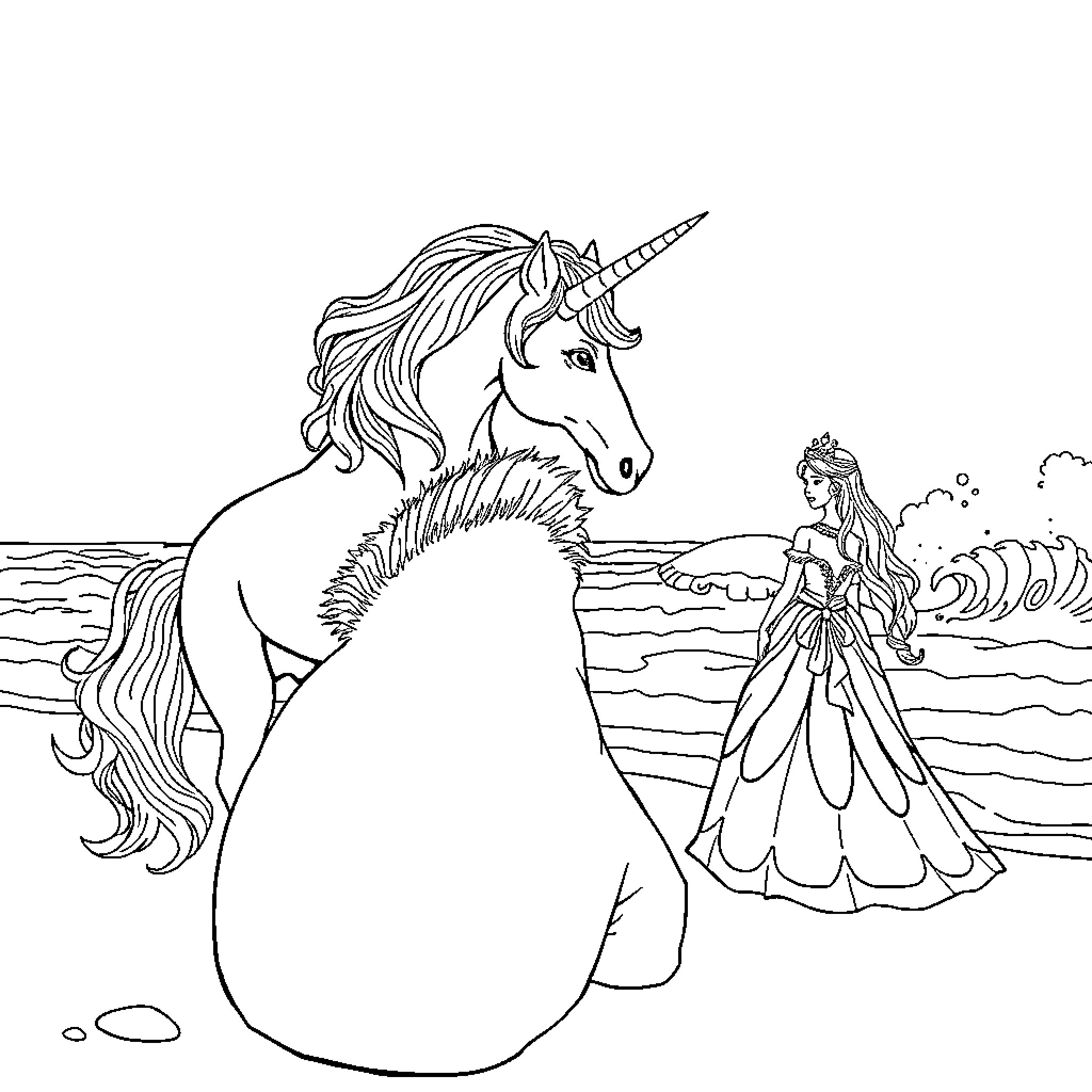 Unicorn standing majestically near princess by the sea Coloring Page (free black-and-white line drawing printable PDF for all, from beginners to advanced learners, including children, teens, adults, and seniors)