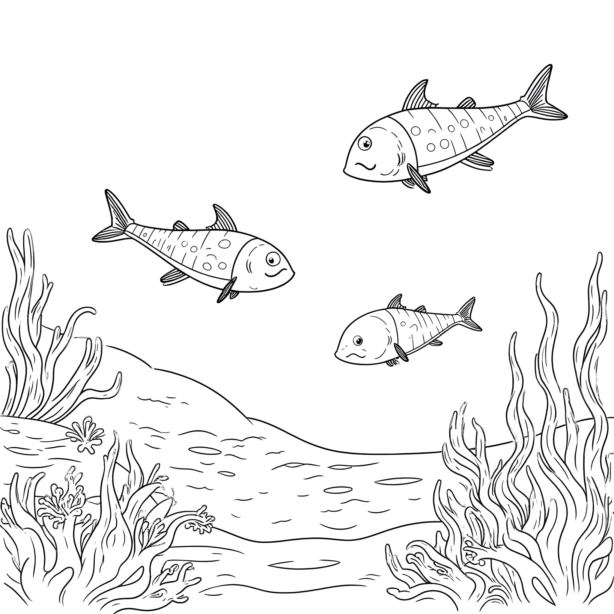Sea Creatures Swimming Peacefully in the Ocean Coloring Page (free black-and-white line drawing printable PDF for all, from beginners to advanced learners, including children, teens, adults, and seniors)