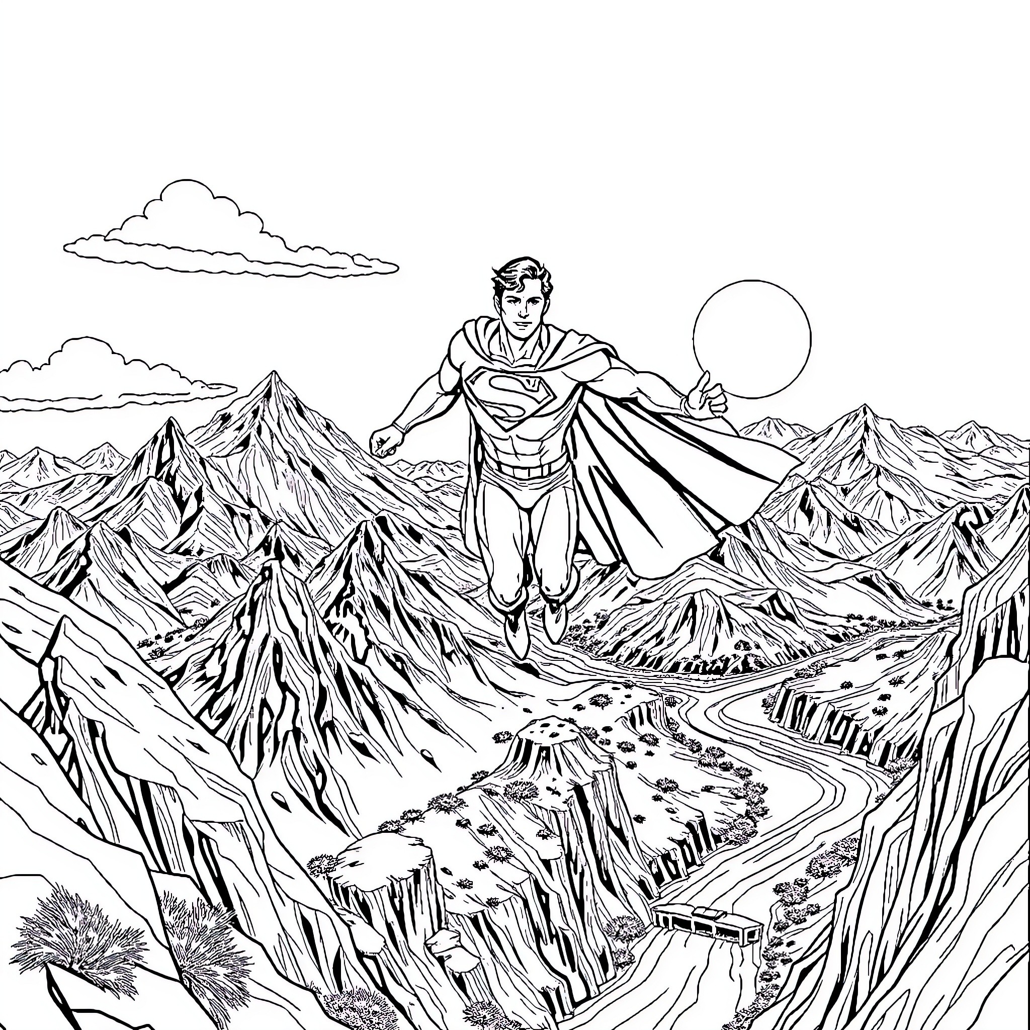 Superman soaring over majestic mountains and valleys Coloring Page (free black-and-white line drawing printable PDF for all, from beginners to advanced learners, including children, teens, adults, and seniors)