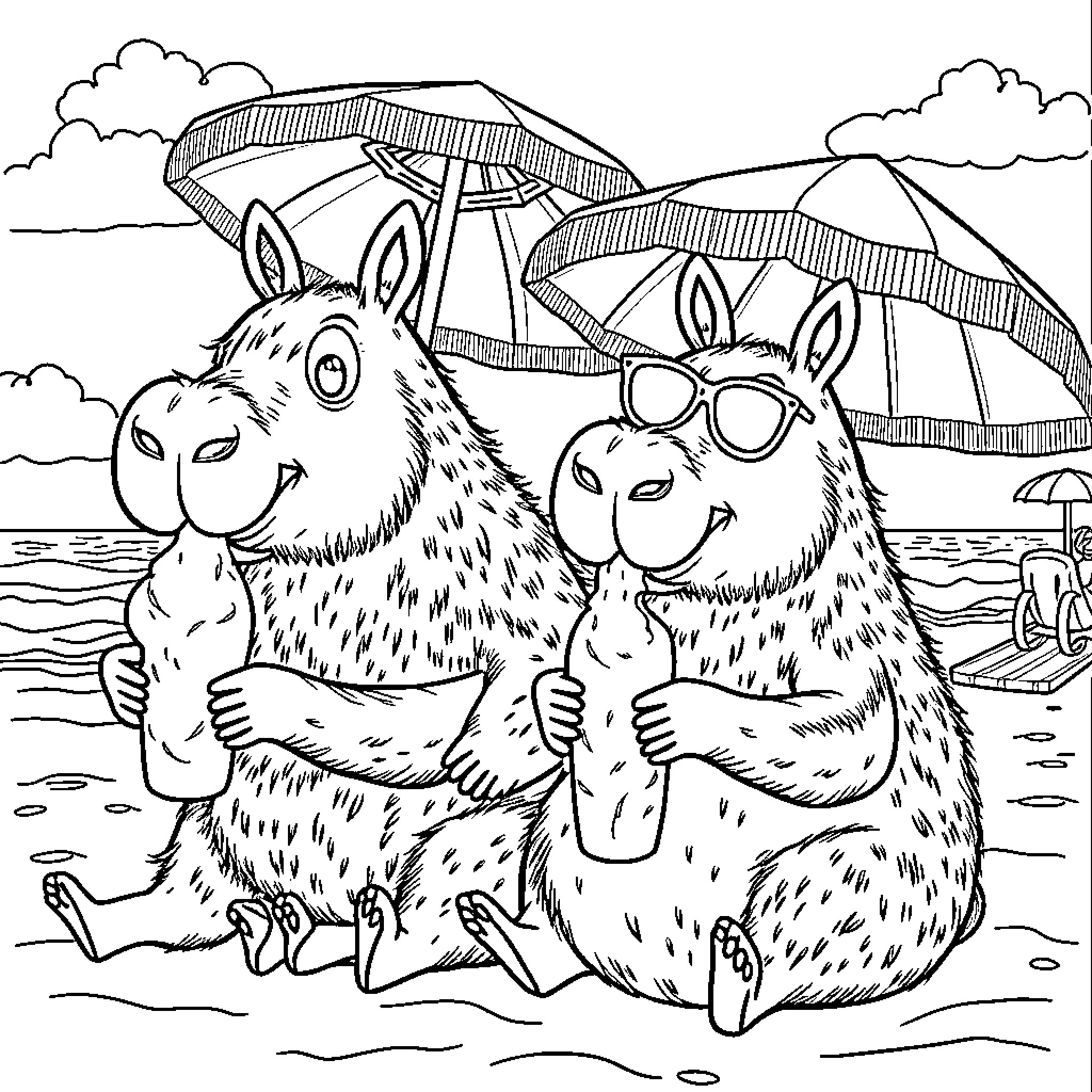 Capybara enjoying a beach day with friends Coloring Page (free black-and-white line drawing printable PDF for all, from beginners to advanced learners, including children, teens, adults, and seniors)