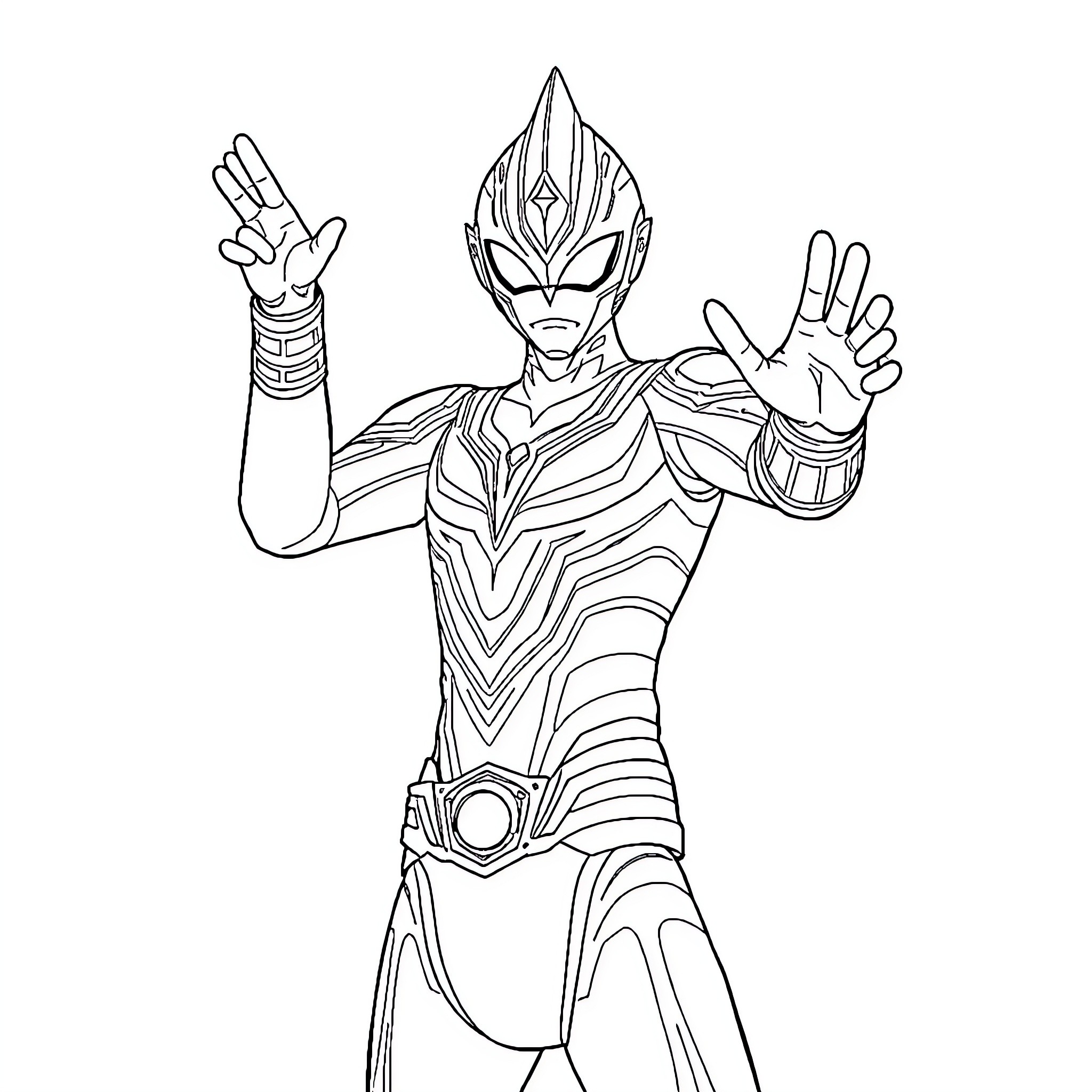 Ultraman Superhero in Action Pose Coloring Page (free black-and-white line drawing printable PDF for all, from beginners to advanced learners, including children, teens, adults, and seniors)