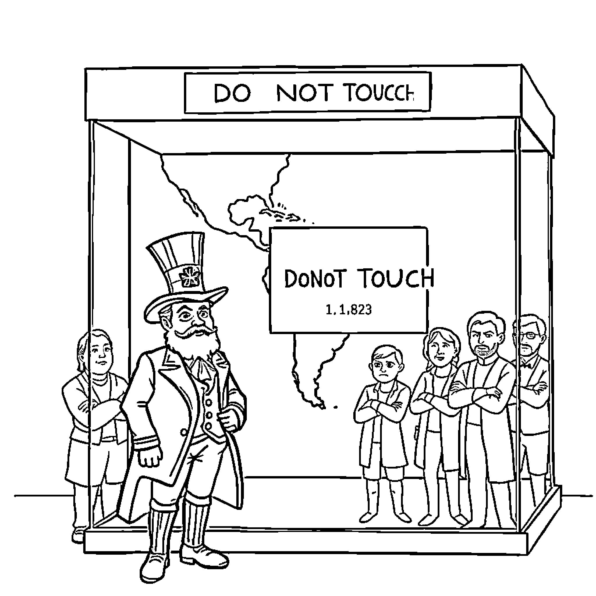Uncle Sam warns against touching the forbidden object Coloring Page (free black-and-white line drawing printable PDF for all, from beginners to advanced learners, including children, teens, adults, and seniors)