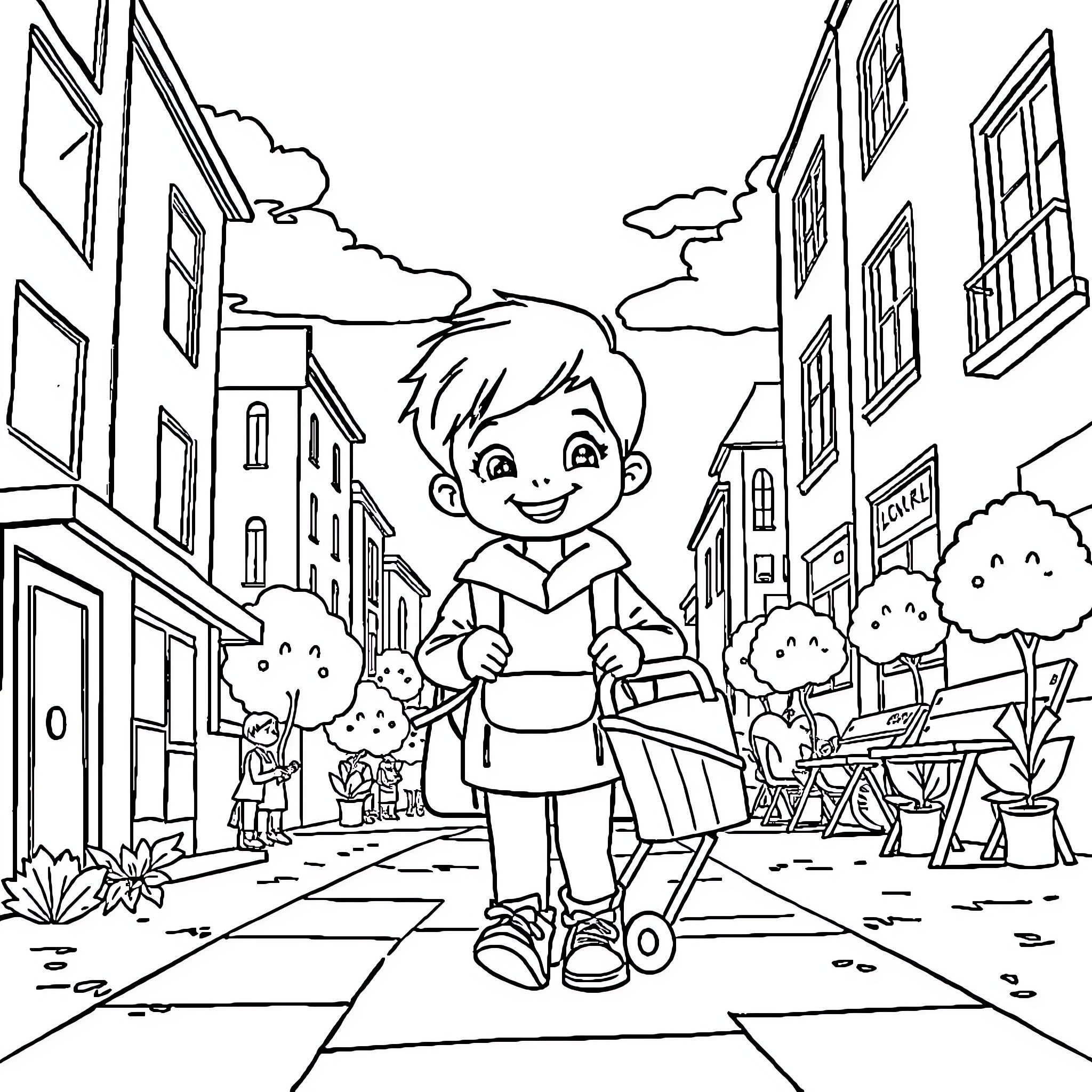 Child exploring the town with a backpack Coloring Page (free black-and-white line drawing printable PDF for all, from beginners to advanced learners, including children, teens, adults, and seniors)