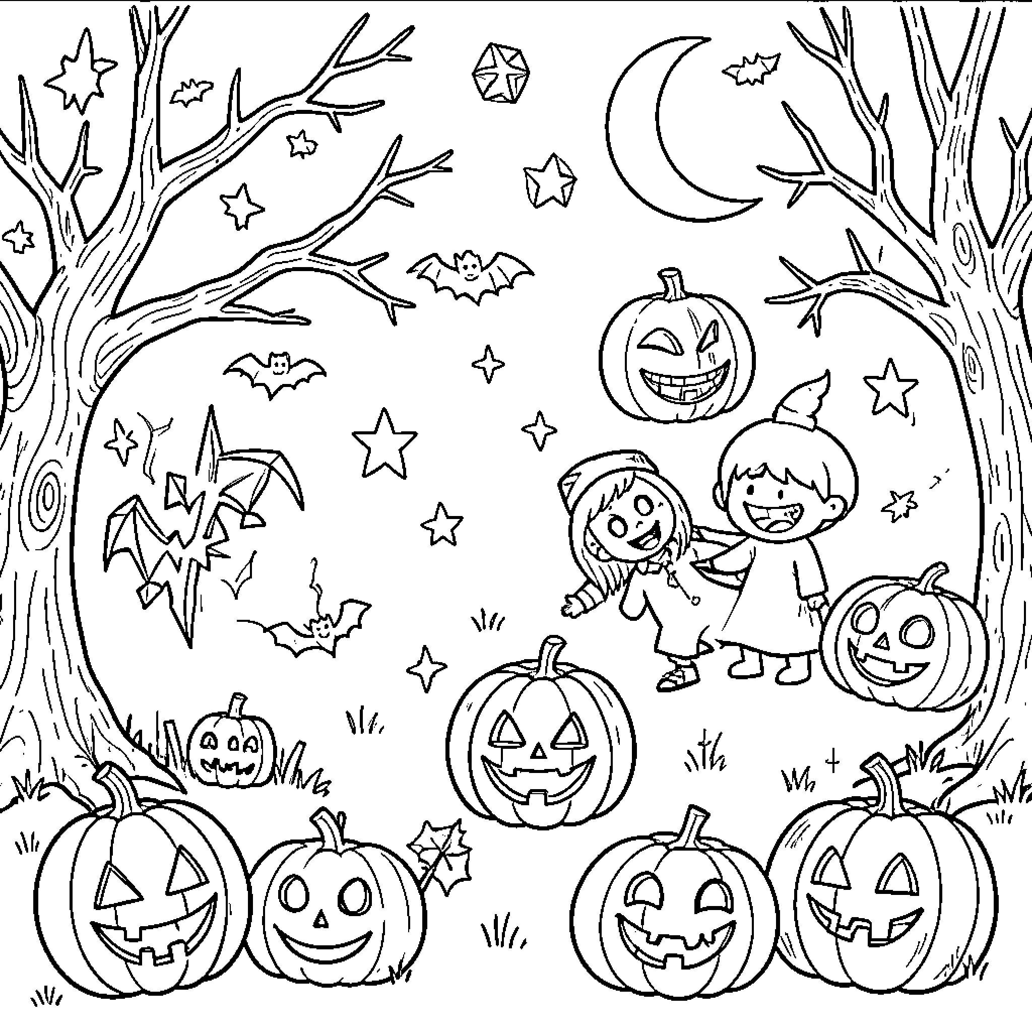 Halloween children celebrating with pumpkins and bats Coloring Page (free black-and-white line drawing printable PDF for all, from beginners to advanced learners, including children, teens, adults, and seniors)