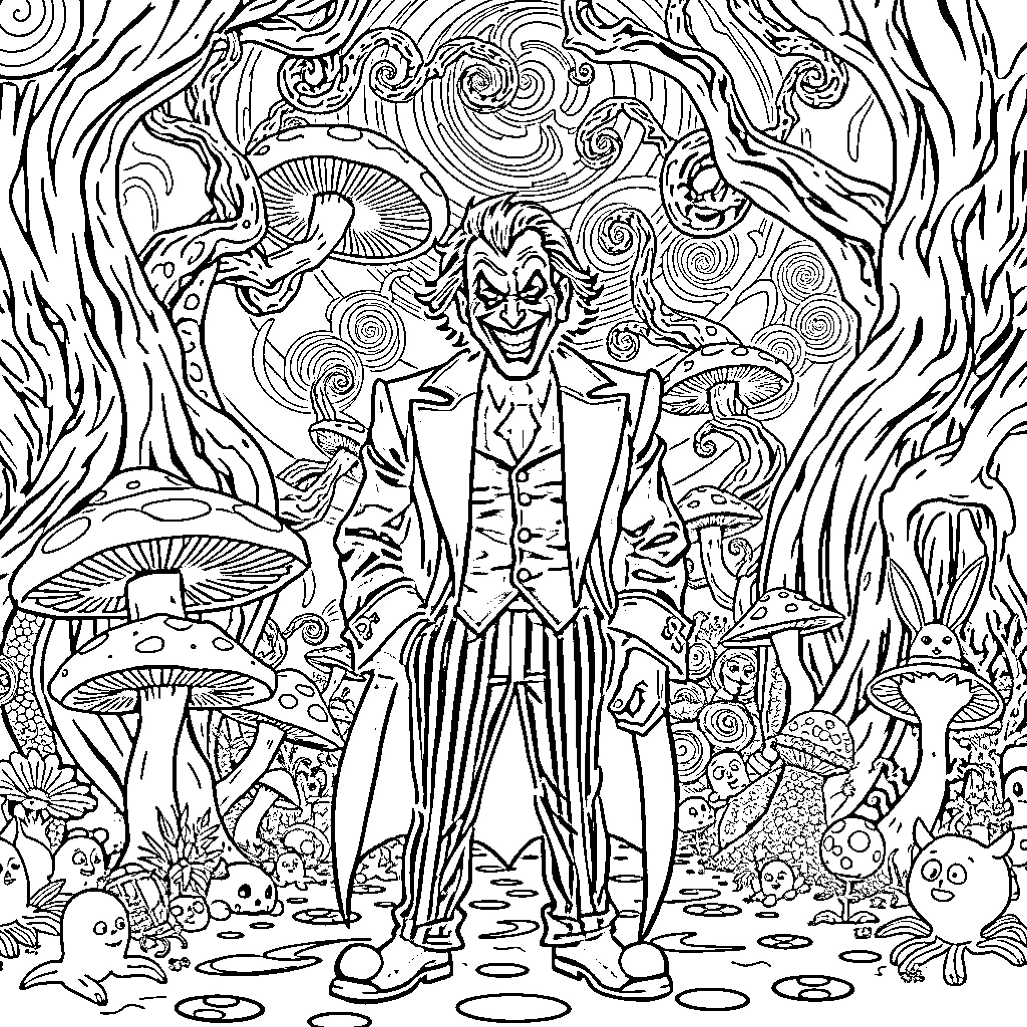 Joker's Surreal Wonderland Adventure Coloring Page (free black-and-white line drawing printable PDF for all, from beginners to advanced learners, including children, teens, adults, and seniors)