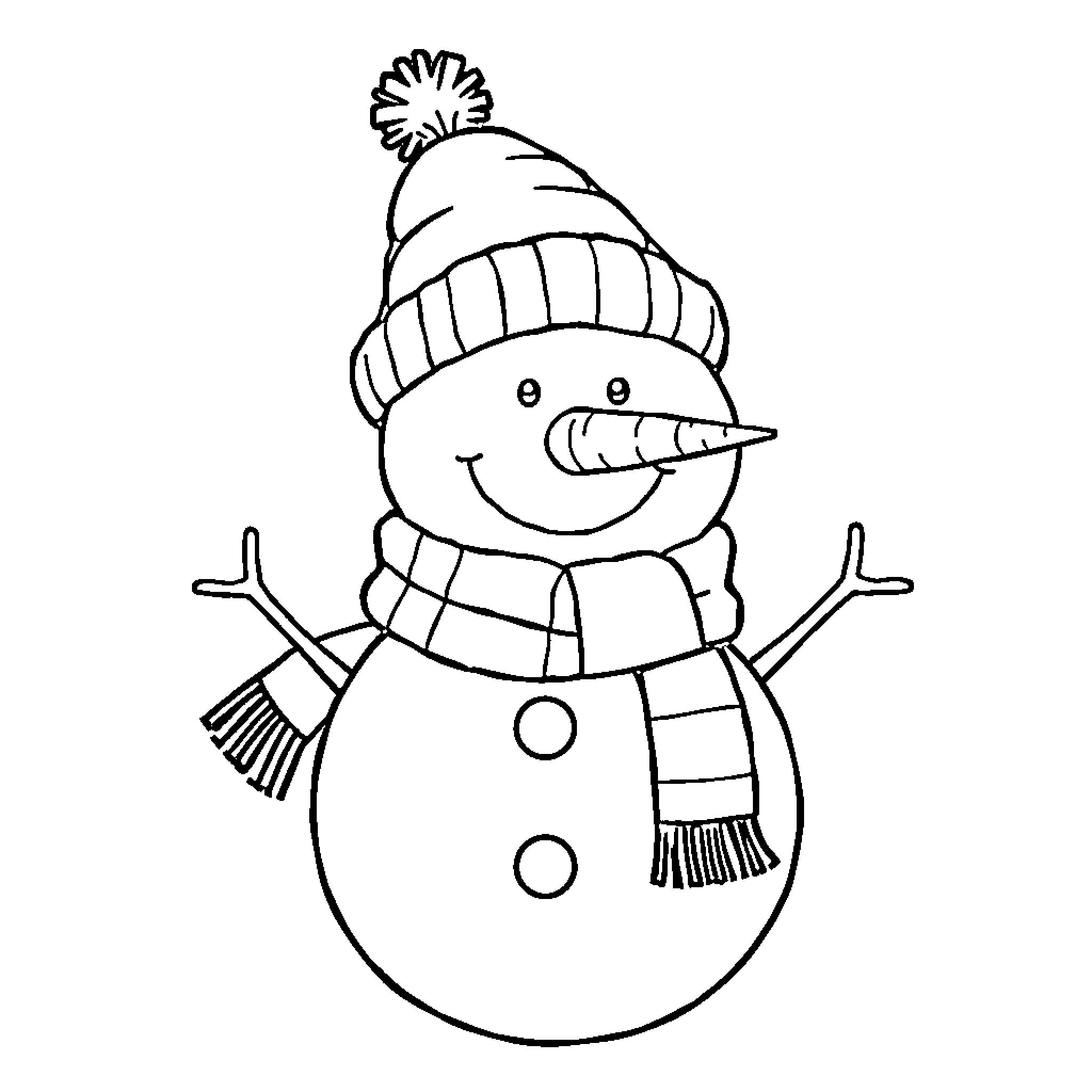Snowman wearing hat and scarf, arms raised Coloring Page (free black-and-white line drawing printable PDF for all, from beginners to advanced learners, including children, teens, adults, and seniors)