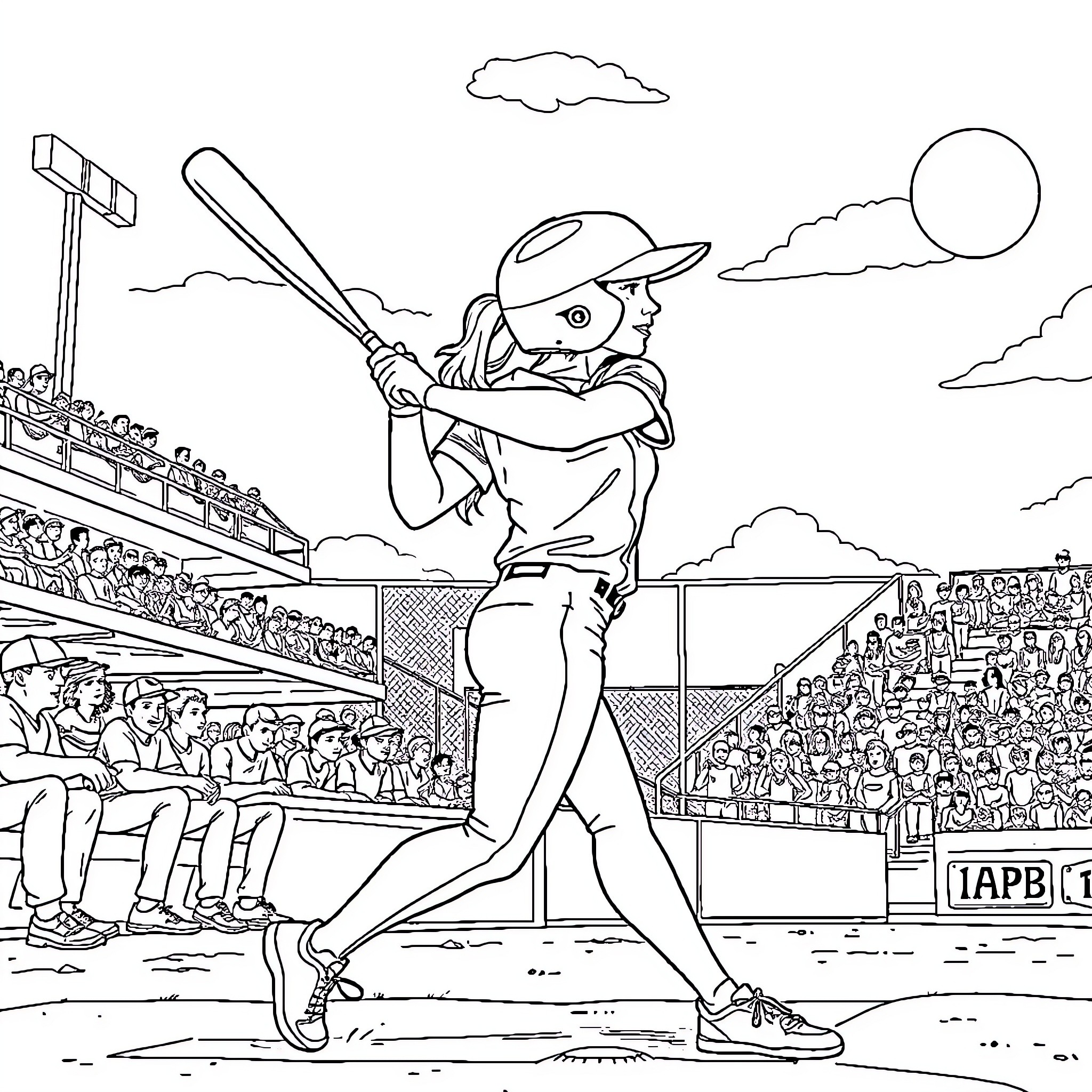 Softball Player Batting in Game Stadium Coloring Page (free black-and-white line drawing printable PDF for all, from beginners to advanced learners, including children, teens, adults, and seniors)