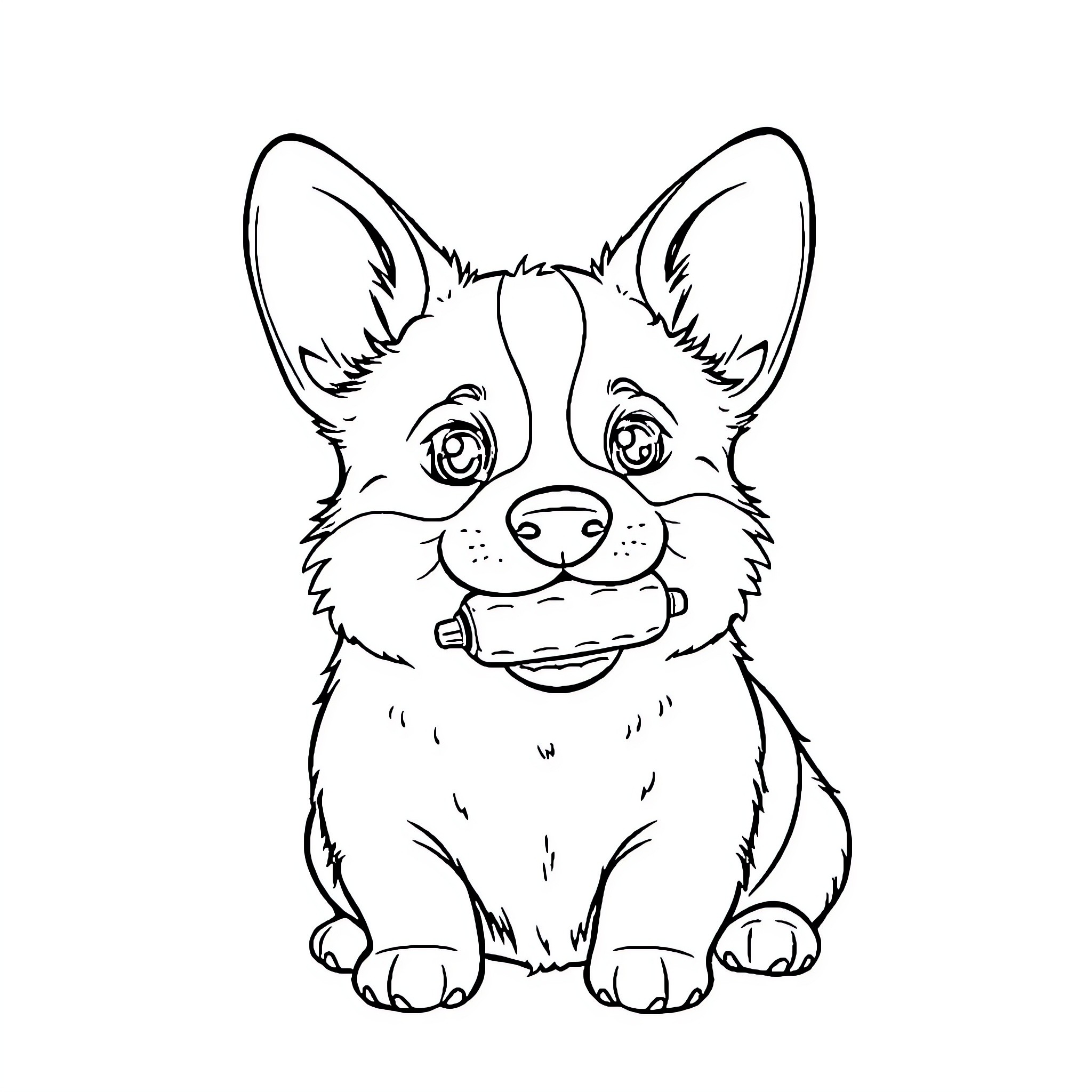 Corgi puppy playing with a chew toy Coloring Page (free black-and-white line drawing printable PDF for all, from beginners to advanced learners, including children, teens, adults, and seniors)
