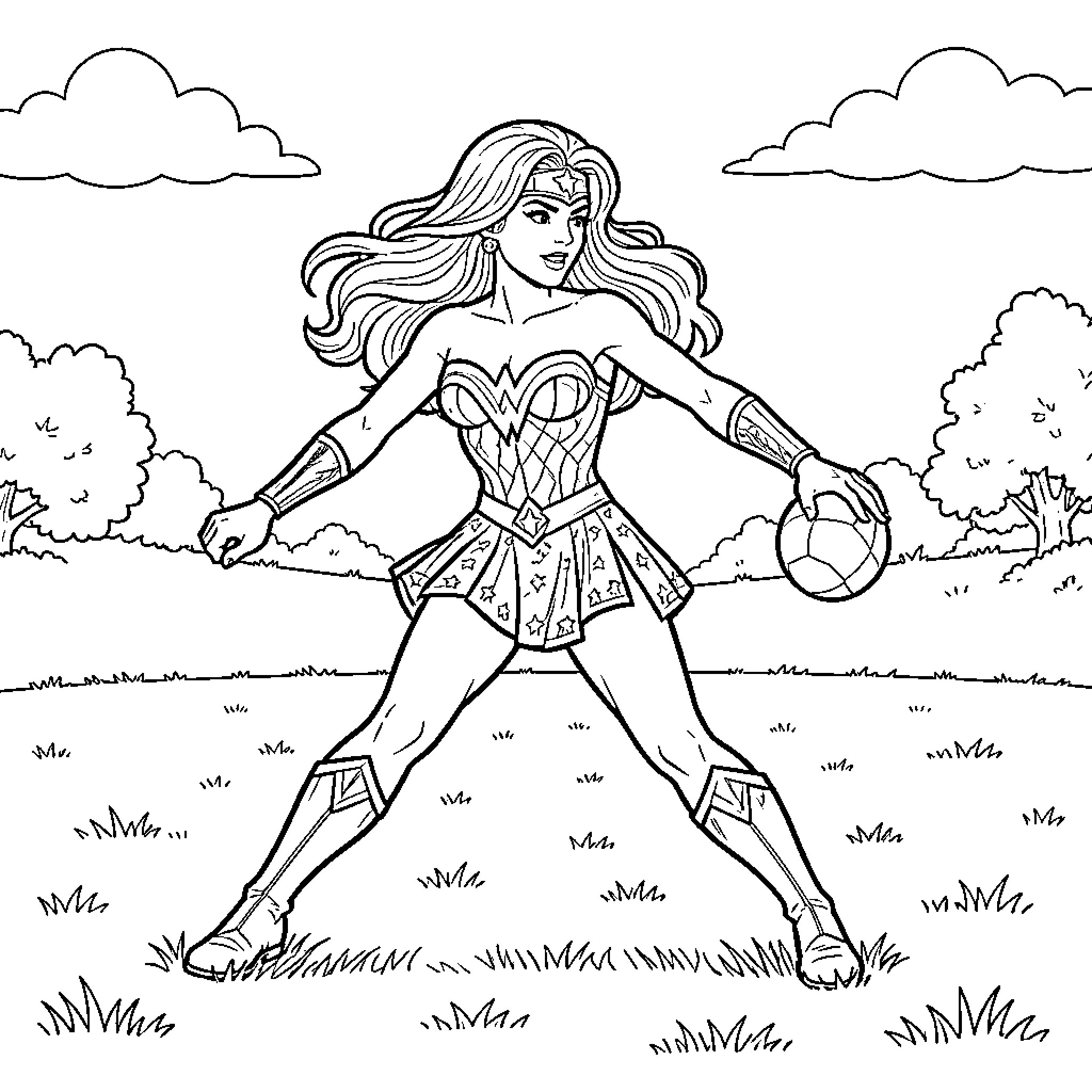 Wonder Woman standing confidently in a grassy field Coloring Page (free black-and-white line drawing printable PDF for all, from beginners to advanced learners, including children, teens, adults, and seniors)