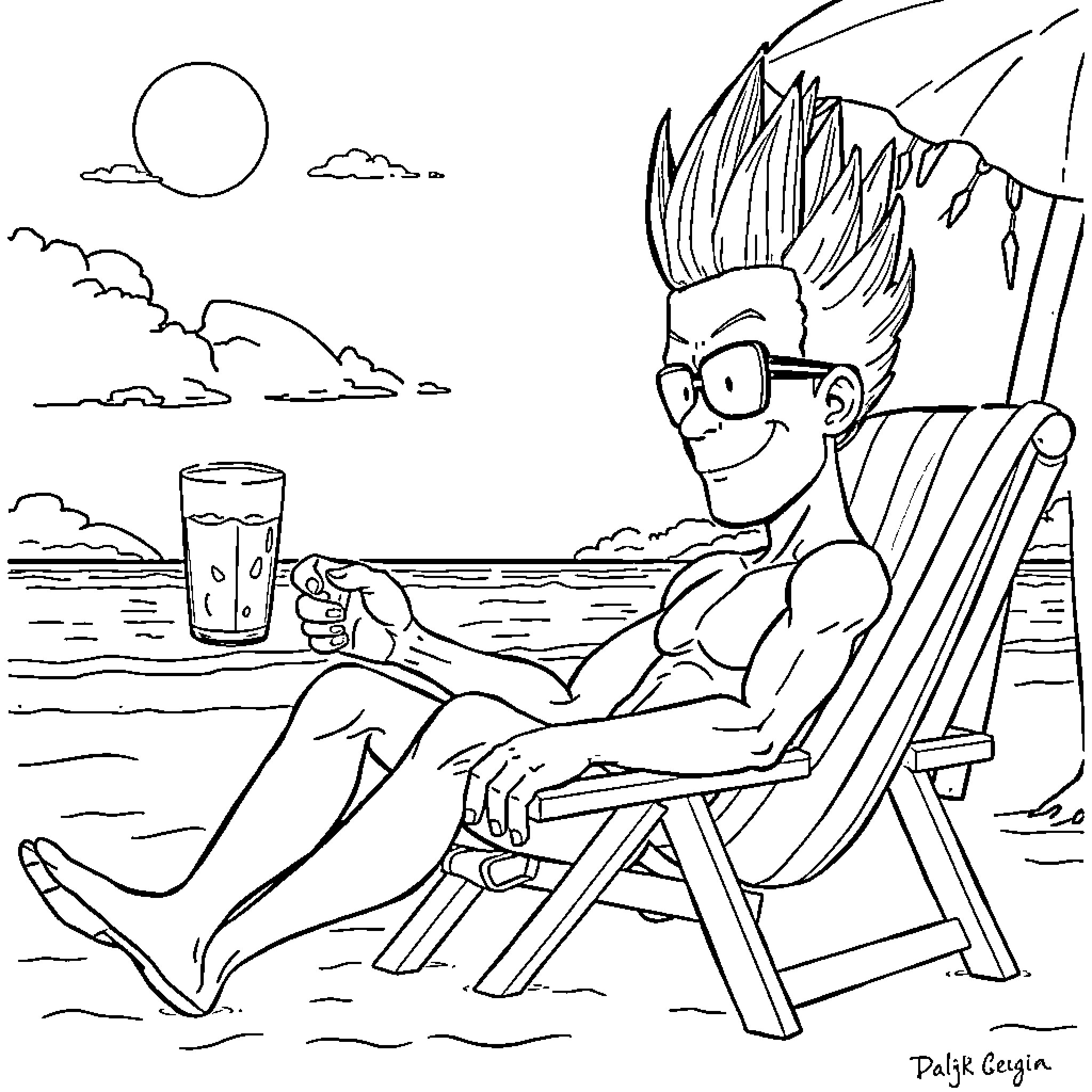 Vegeta relaxing on the beach with a drink Coloring Page (free black-and-white line drawing printable PDF for all, from beginners to advanced learners, including children, teens, adults, and seniors)