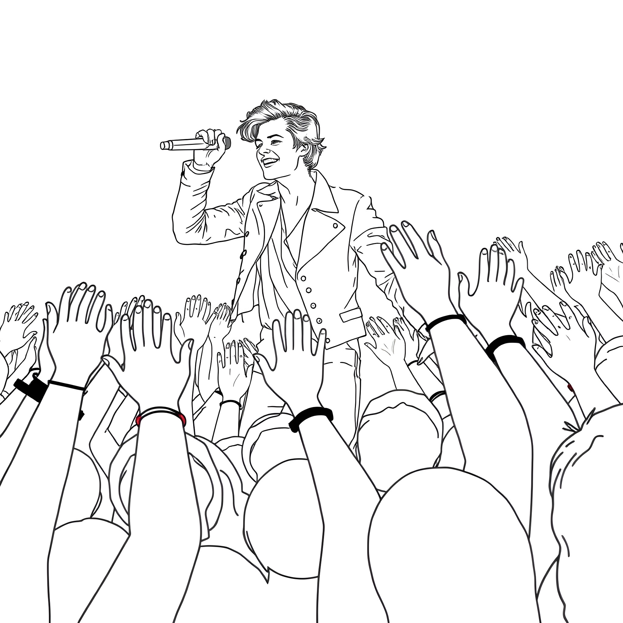 Harry Styles performing on stage with cheering crowd Coloring Page (free black-and-white line drawing printable PDF for all, from beginners to advanced learners, including children, teens, adults, and seniors)