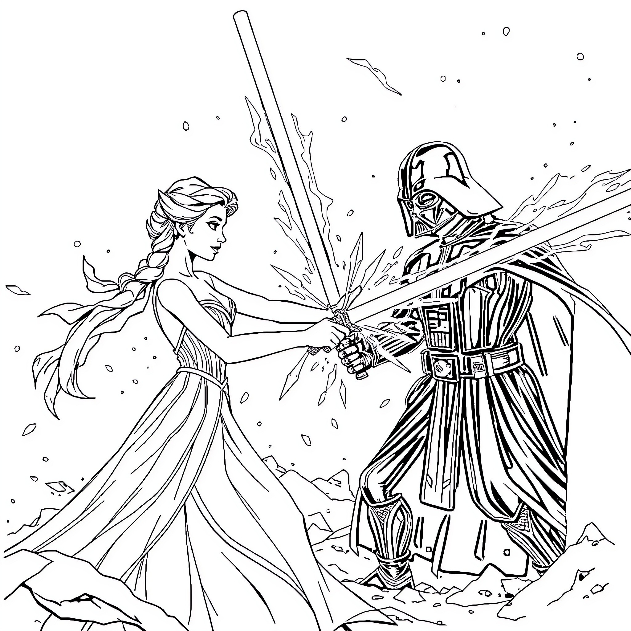 Elsa and Darth Vader in an epic duel Coloring Page (free black-and-white line drawing printable PDF for all, from beginners to advanced learners, including children, teens, adults, and seniors)