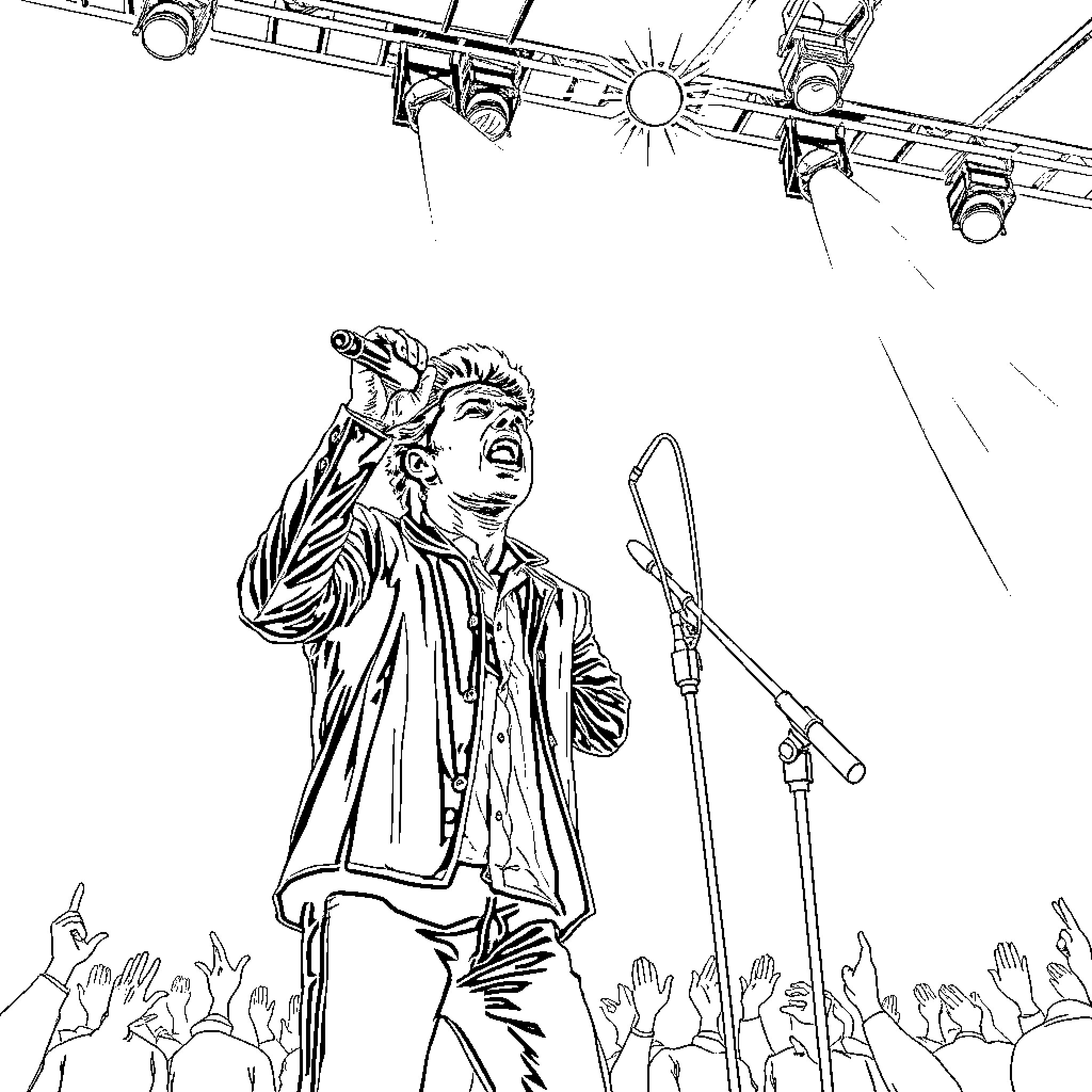 Gackt performing on stage with a crowd Coloring Page (free black-and-white line drawing printable PDF for all, from beginners to advanced learners, including children, teens, adults, and seniors)