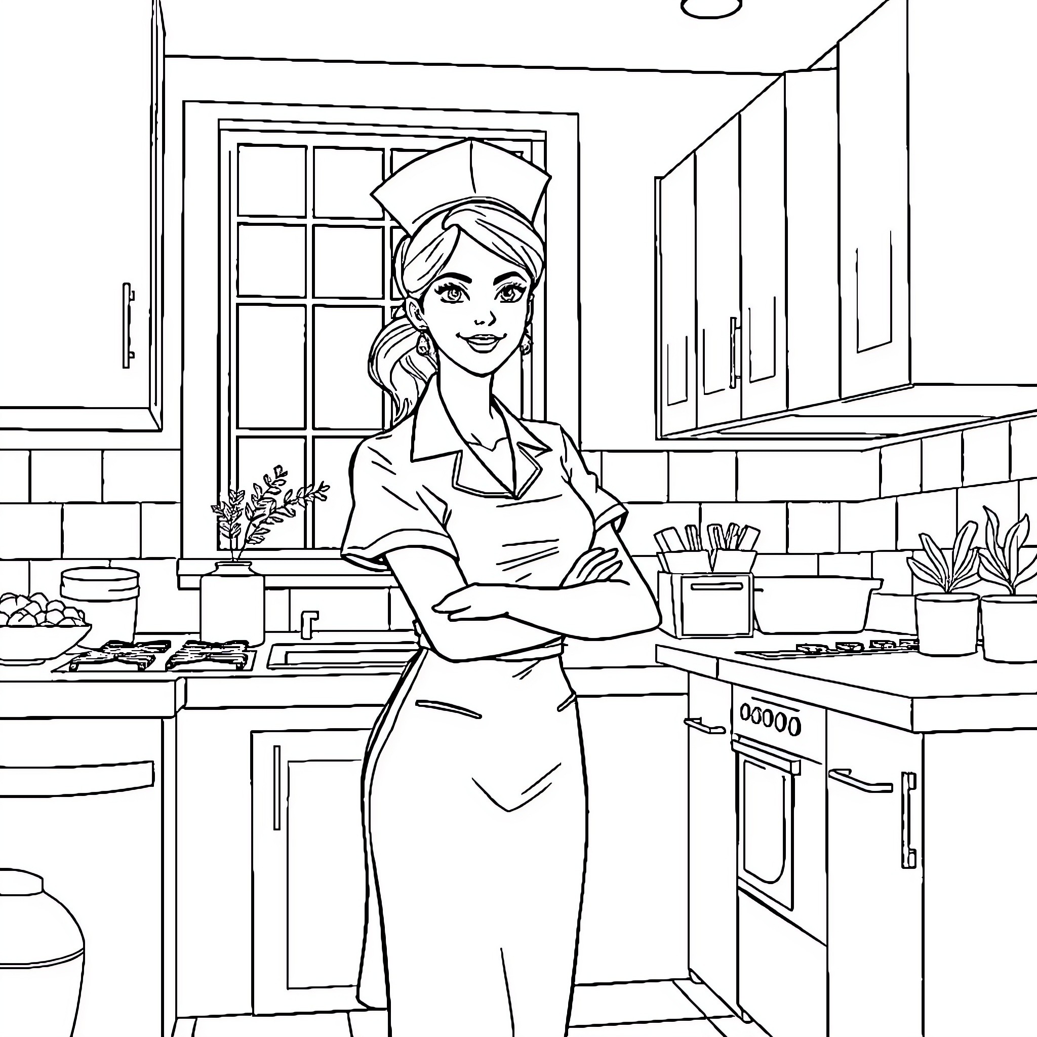 Nurse in a Modern Kitchen Coloring Page (free black-and-white line drawing printable PDF for all, from beginners to advanced learners, including children, teens, adults, and seniors)