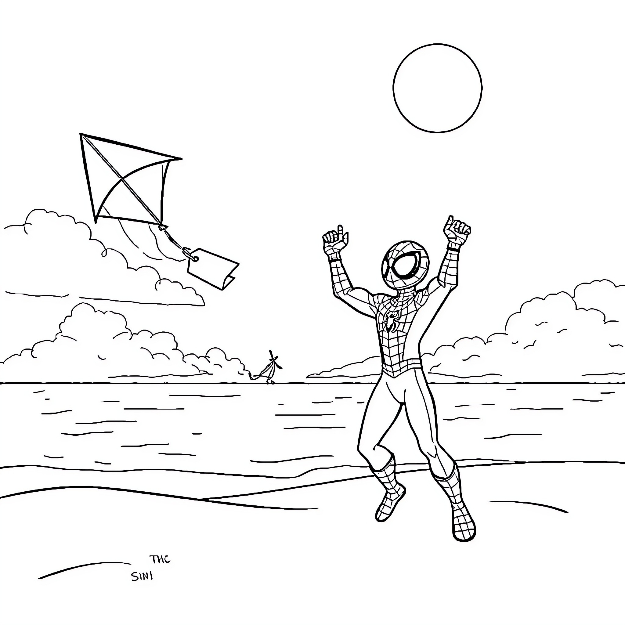 Spiderman joyfully flying a kite in the sky Coloring Page (free black-and-white line drawing printable PDF for all, from beginners to advanced learners, including children, teens, adults, and seniors)
