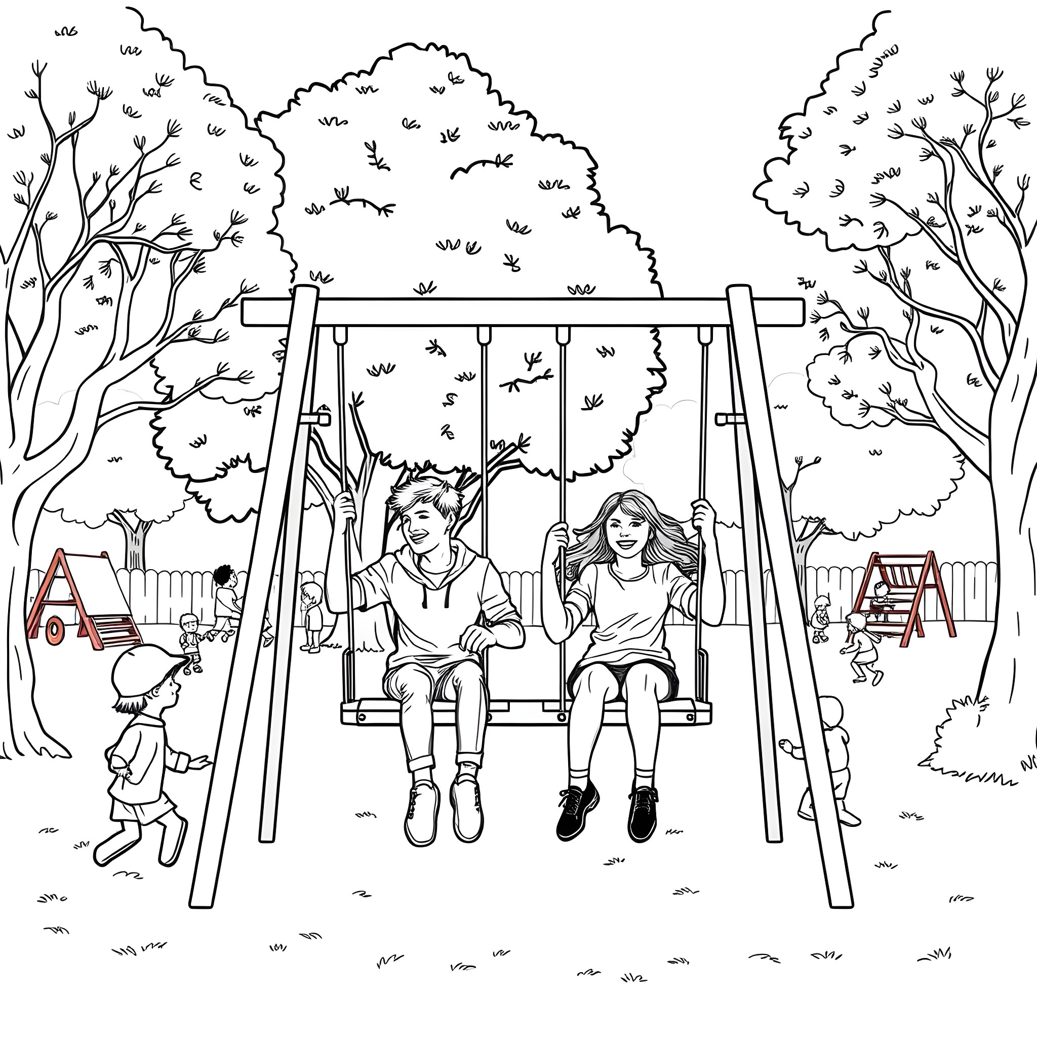 Teen friends enjoying playground swings in park Coloring Page (free black-and-white line drawing printable PDF for all, from beginners to advanced learners, including children, teens, adults, and seniors)