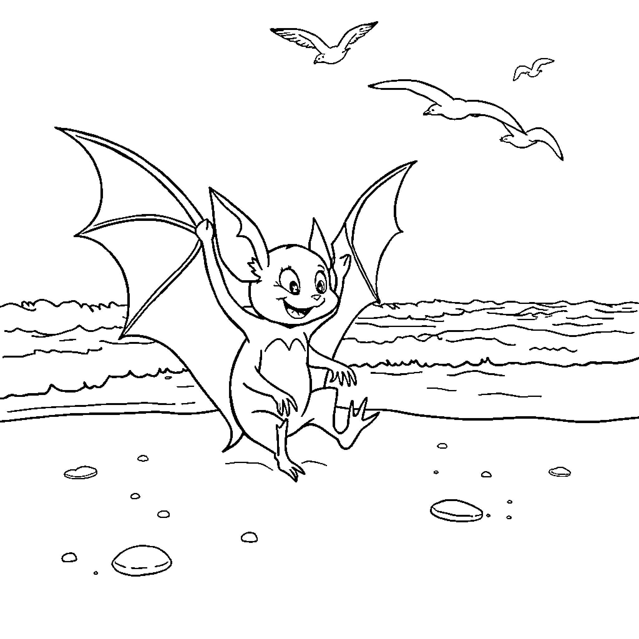 Rouge Bat Frolicking on the Beach Coloring Page (free black-and-white line drawing printable PDF for all, from beginners to advanced learners, including children, teens, adults, and seniors)
