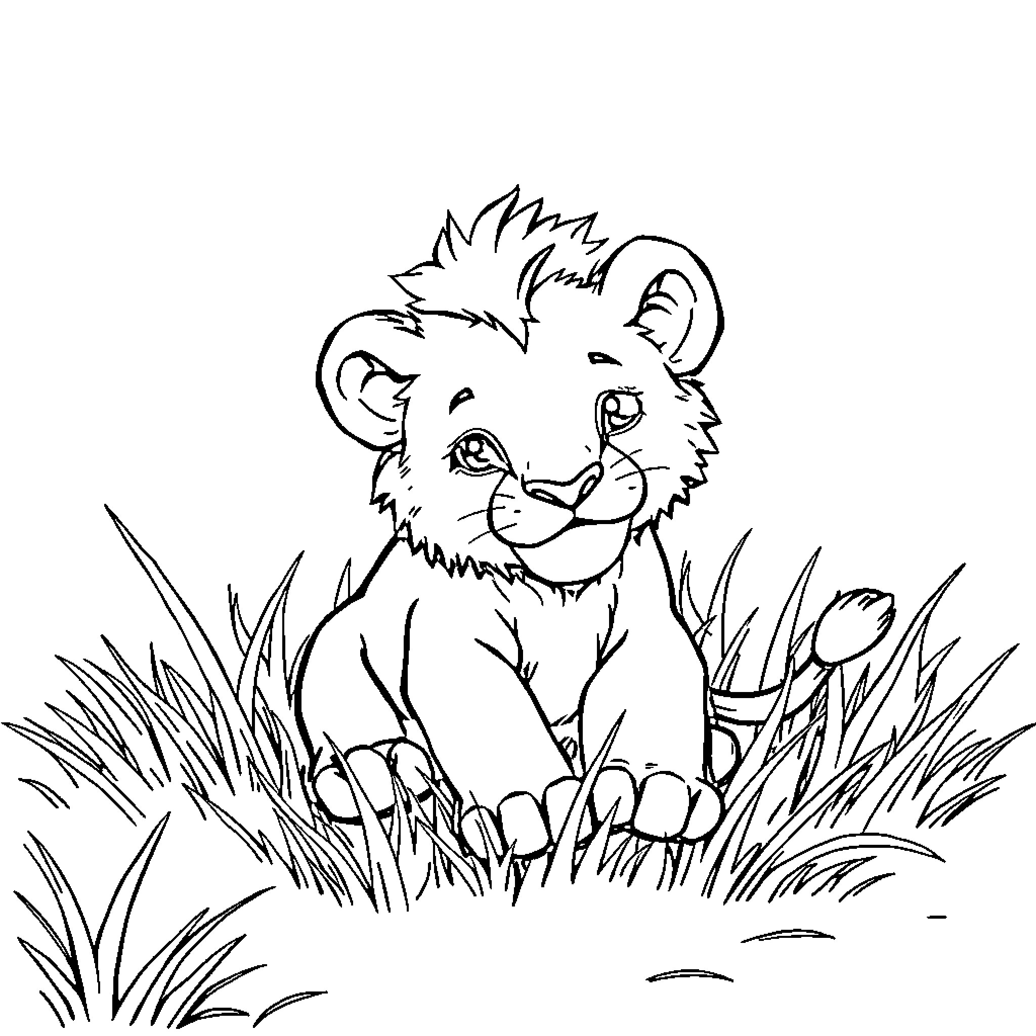 Baby Lion exploring the grassy wilderness Coloring Page (free black-and-white line drawing printable PDF for all, from beginners to advanced learners, including children, teens, adults, and seniors)