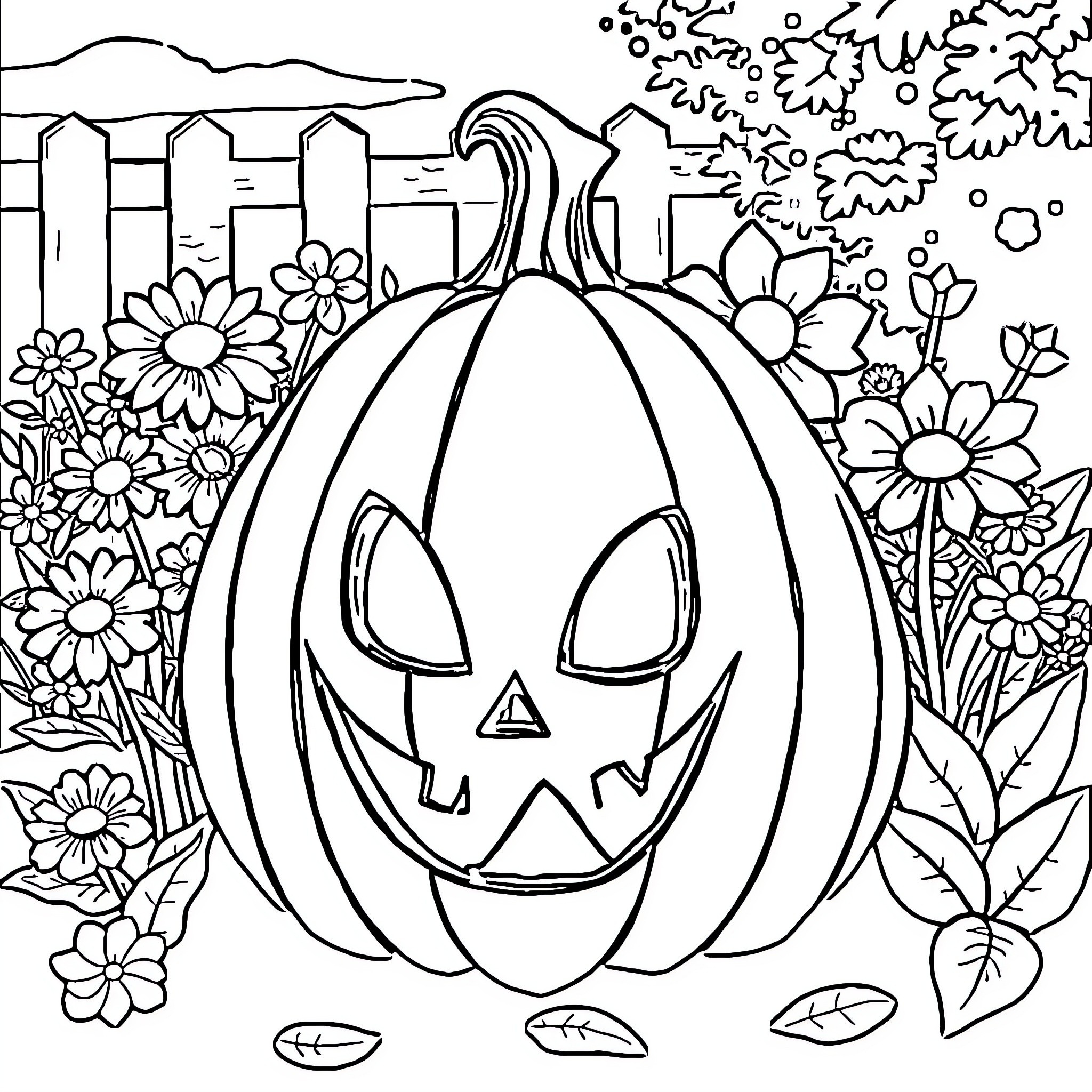 Pumpkin Carved with Flowers and Leaves Coloring Page (free black-and-white line drawing printable PDF for all, from beginners to advanced learners, including children, teens, adults, and seniors)