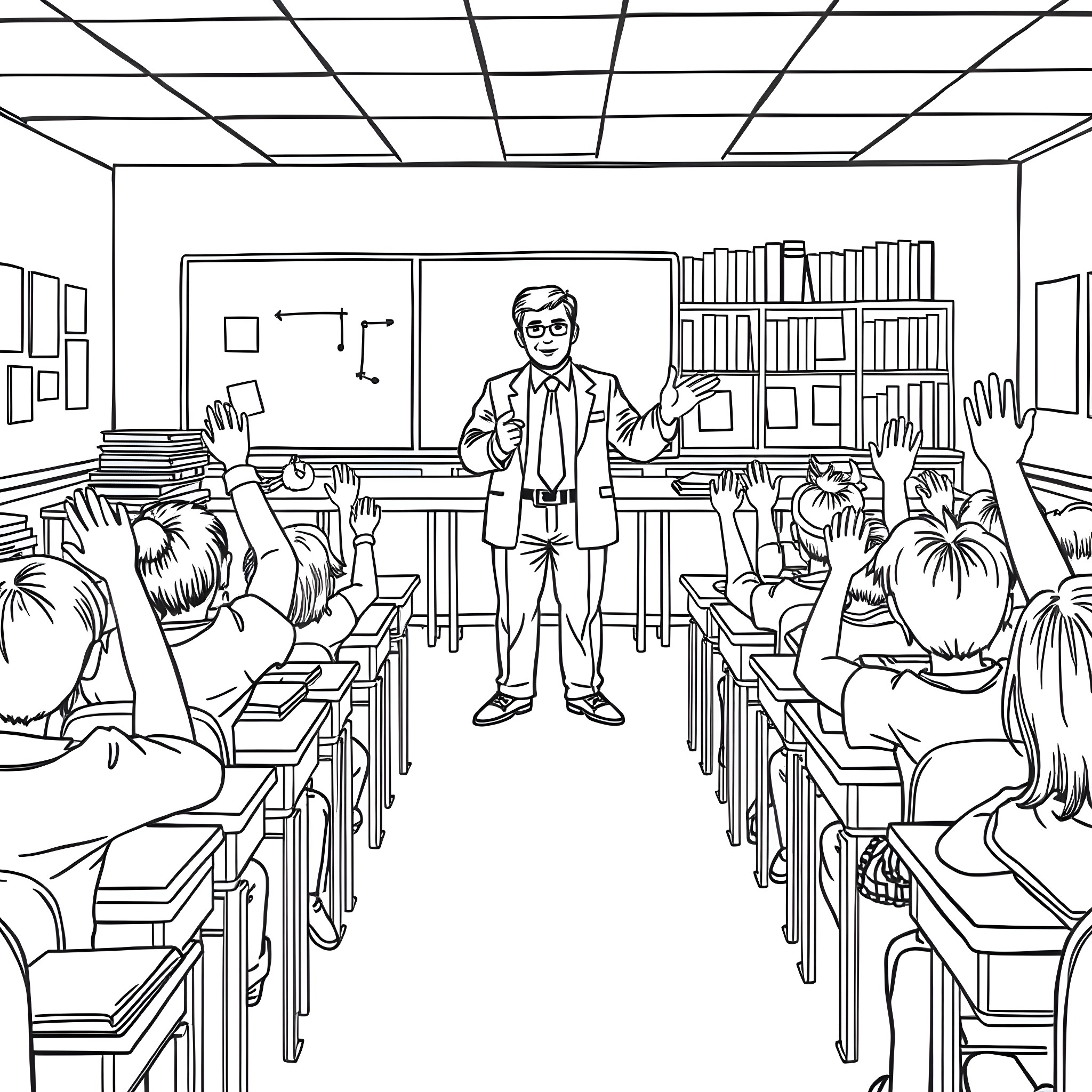 Mr. Garrison Teaching in a Classroom of Students Coloring Page (free black-and-white line drawing printable PDF for all, from beginners to advanced learners, including children, teens, adults, and seniors)