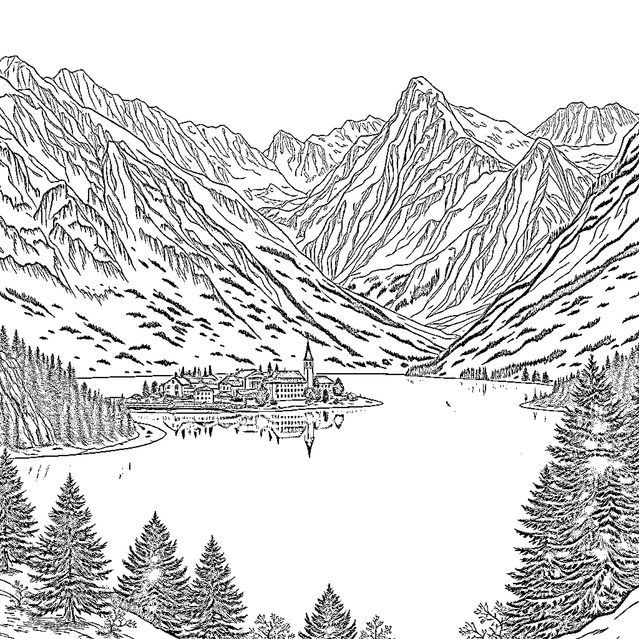 Mountain Lake Village Landscape Coloring Page (free black-and-white line drawing printable PDF for all, from beginners to advanced learners, including children, teens, adults, and seniors)