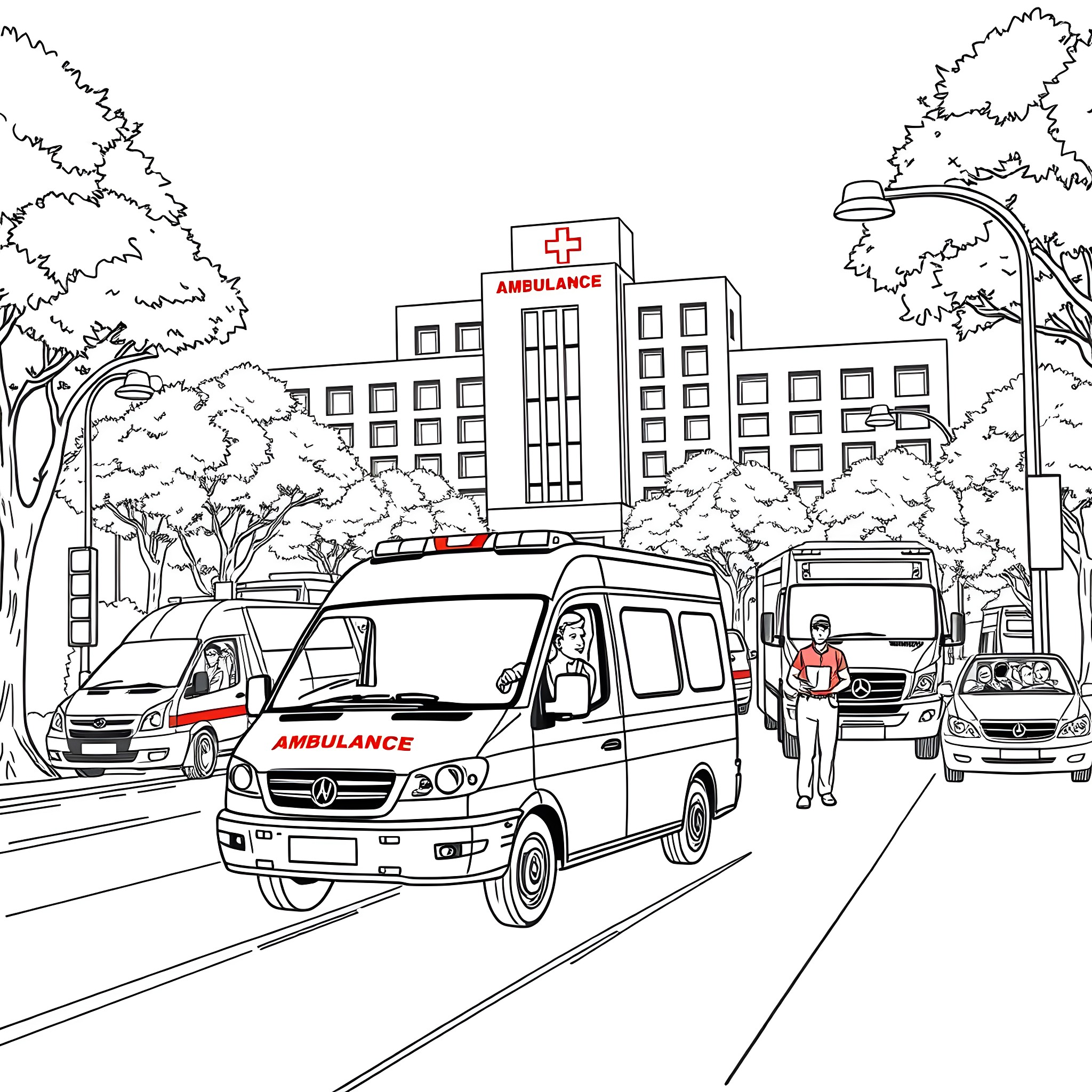 Ambulance Responding to Emergency in City Coloring Page (free black-and-white line drawing printable PDF for all, from beginners to advanced learners, including children, teens, adults, and seniors)