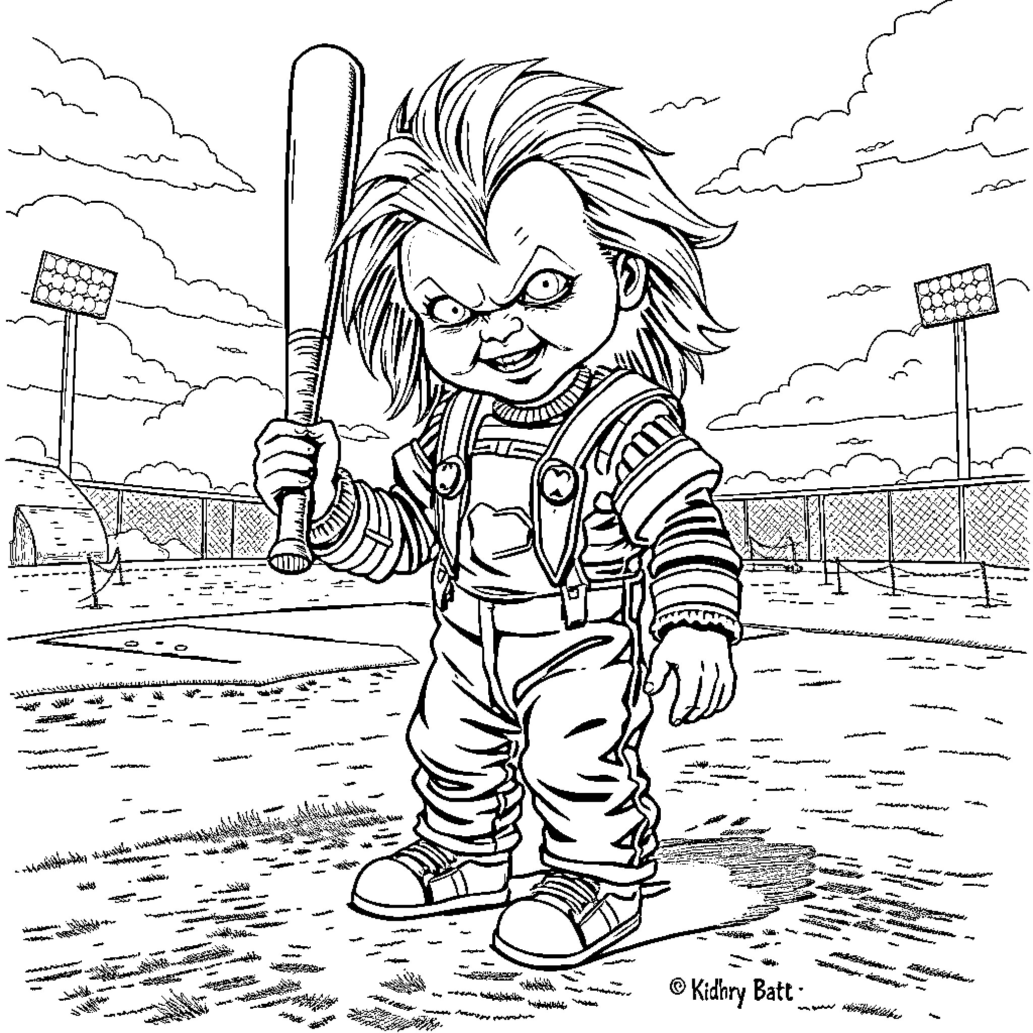 Chucky the Mischievous Doll on the Baseball Field Coloring Page (free black-and-white line drawing printable PDF for all, from beginners to advanced learners, including children, teens, adults, and seniors)