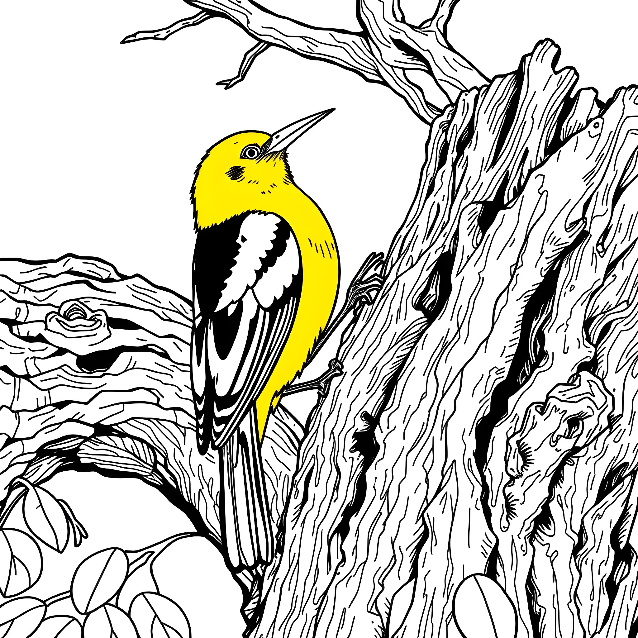 Oriole perched on a weathered tree branch Coloring Page (free black-and-white line drawing printable PDF for all, from beginners to advanced learners, including children, teens, adults, and seniors)