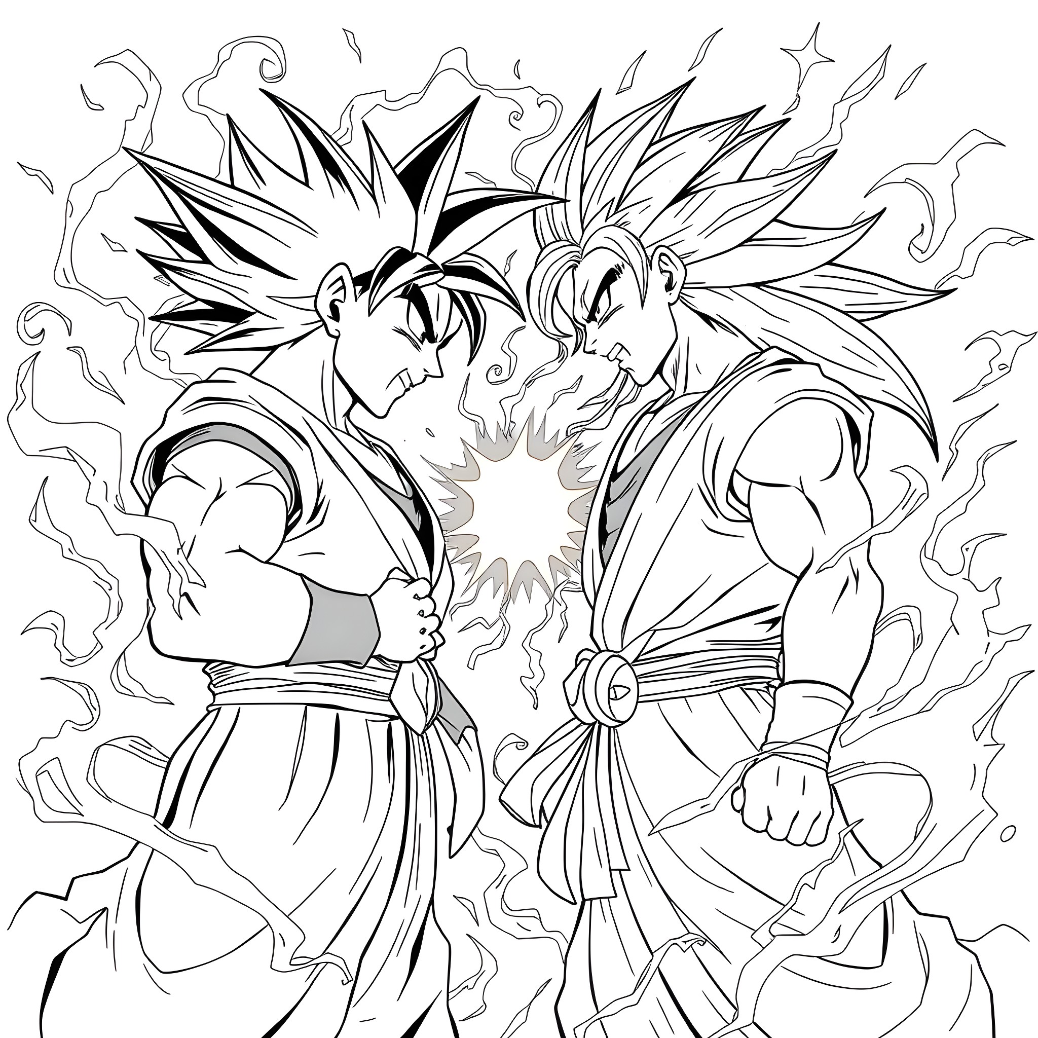 Goku and Vegeta in Epic Battle Coloring Page (free black-and-white line drawing printable PDF for all, from beginners to advanced learners, including children, teens, adults, and seniors)
