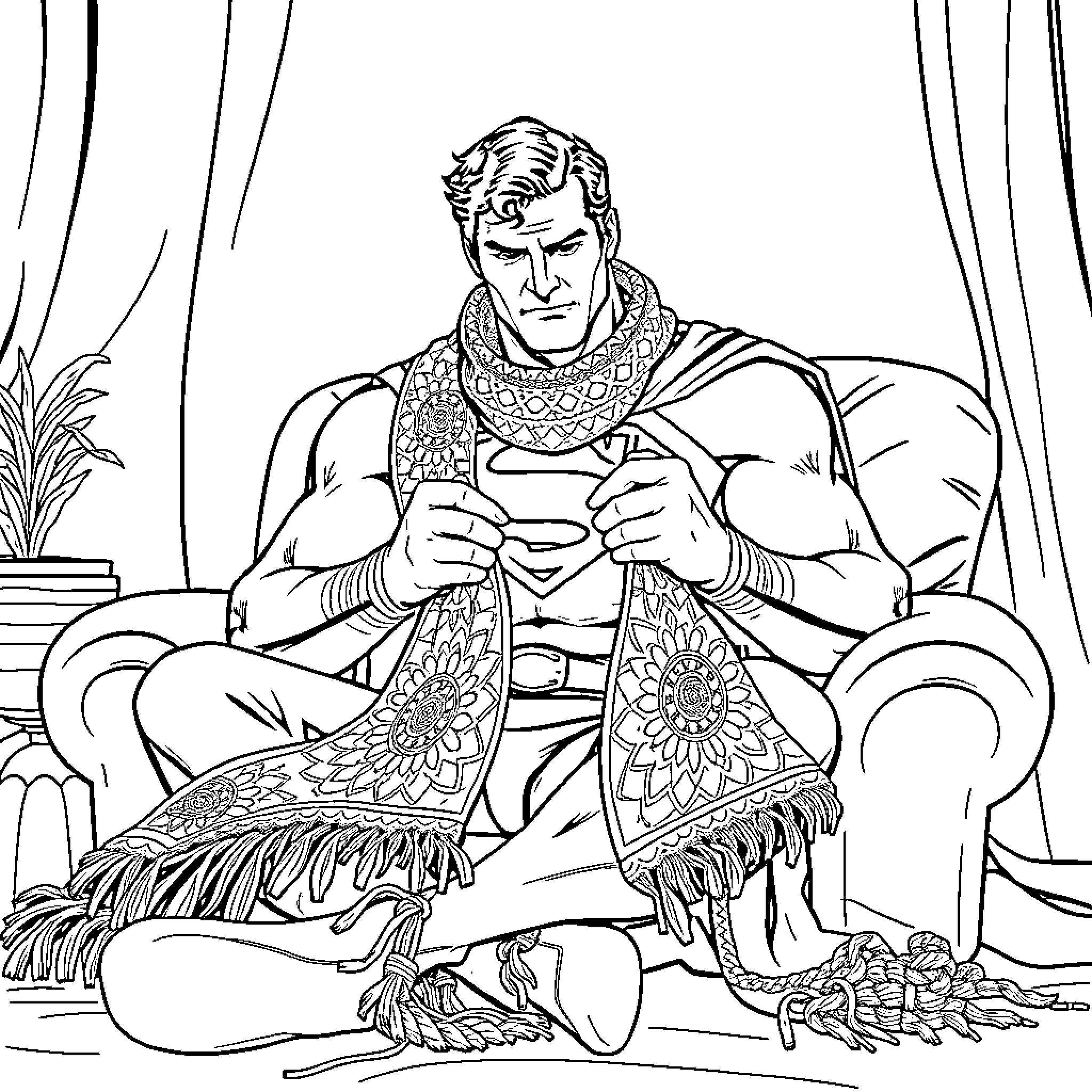 Superman in ornate costume relaxing indoors Coloring Page (free black-and-white line drawing printable PDF for all, from beginners to advanced learners, including children, teens, adults, and seniors)