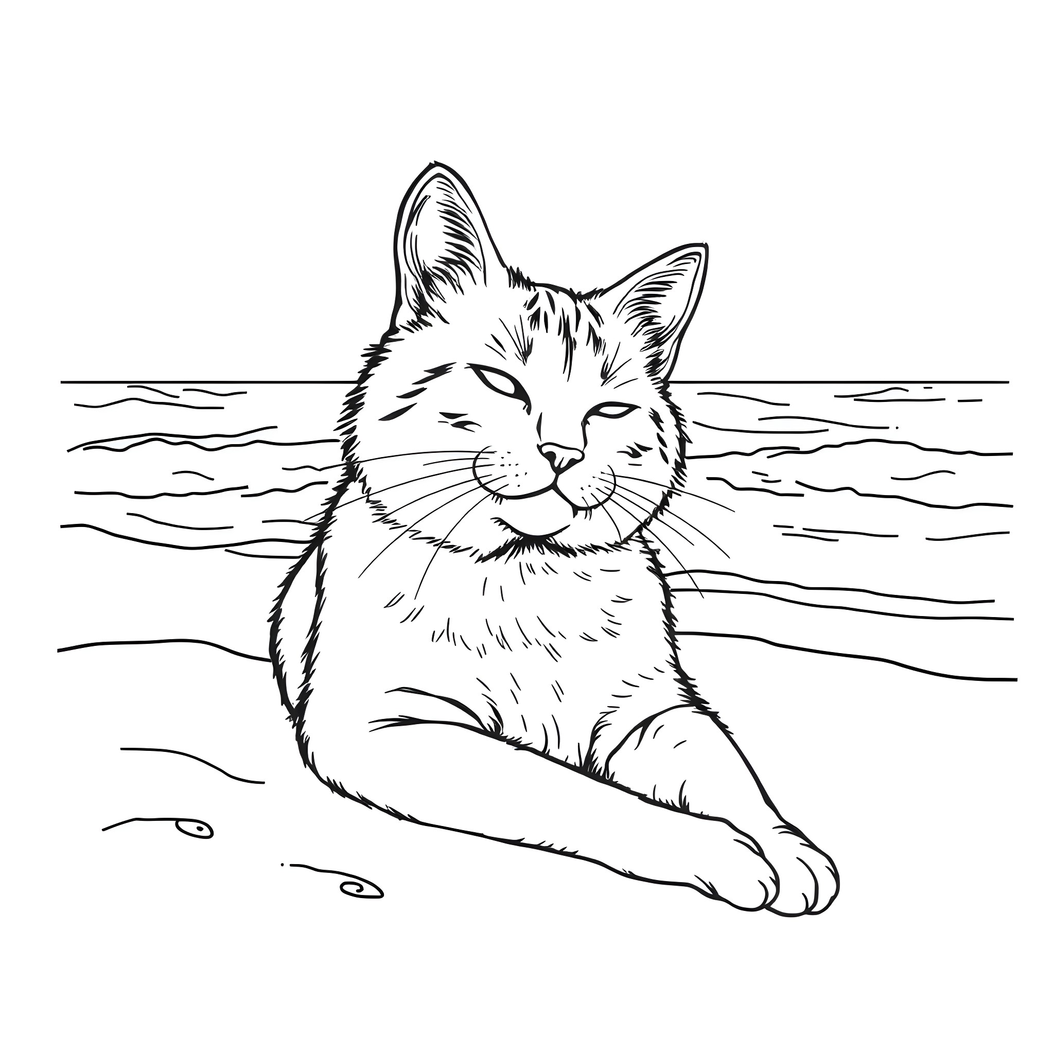 Cat Woman resting on the beach Coloring Page (free black-and-white line drawing printable PDF for all, from beginners to advanced learners, including children, teens, adults, and seniors)