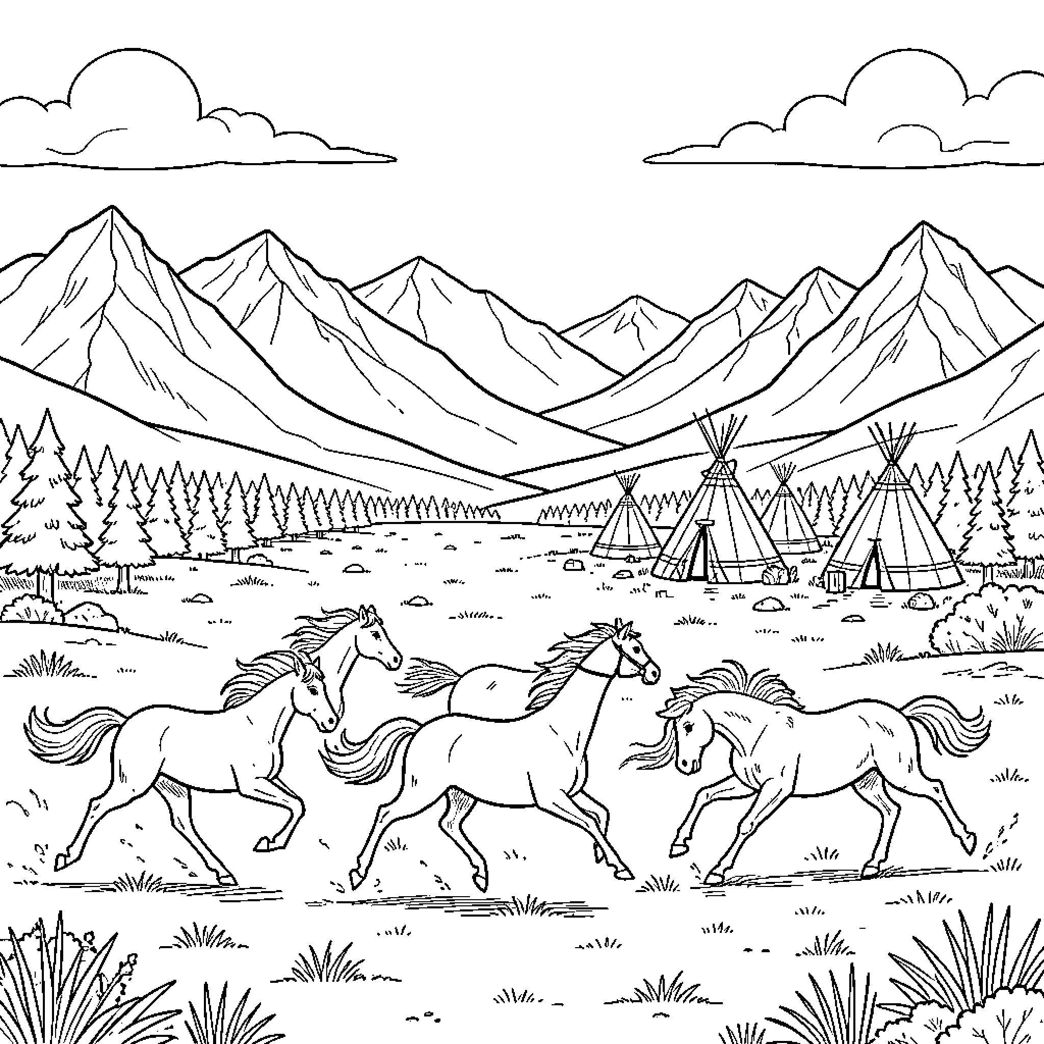 Horse herd galloping through a valley near tipis Coloring Page (free black-and-white line drawing printable PDF for all, from beginners to advanced learners, including children, teens, adults, and seniors)