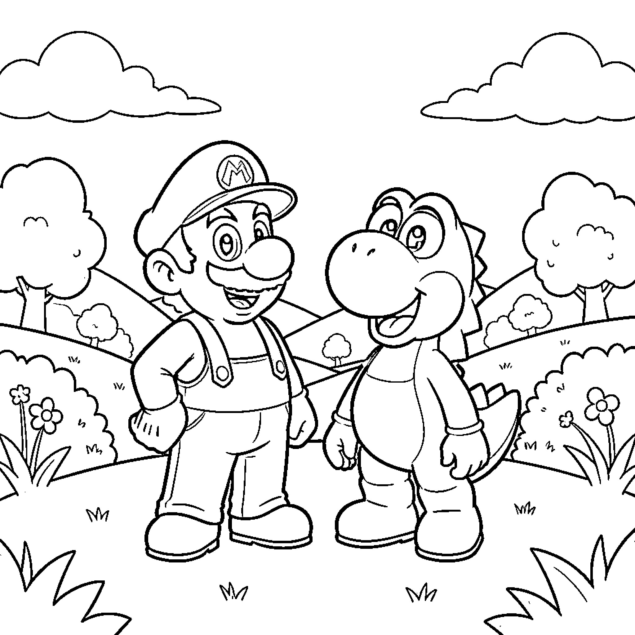 Mario and Yoshi playing together in the park Coloring Page (free black-and-white line drawing printable PDF for all, from beginners to advanced learners, including children, teens, adults, and seniors)