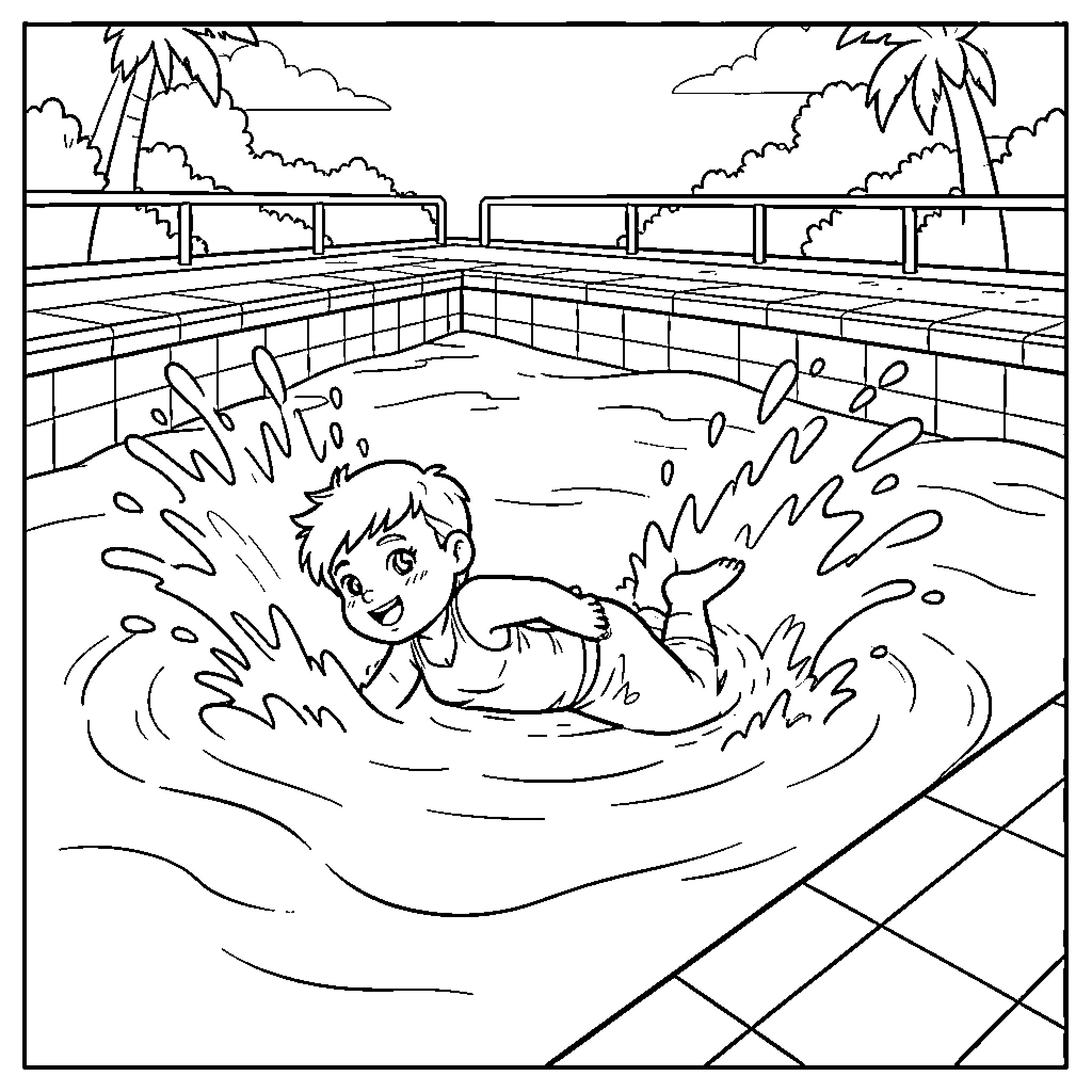 Jade splashing joyfully in a swimming pool Coloring Page (free black-and-white line drawing printable PDF for all, from beginners to advanced learners, including children, teens, adults, and seniors)