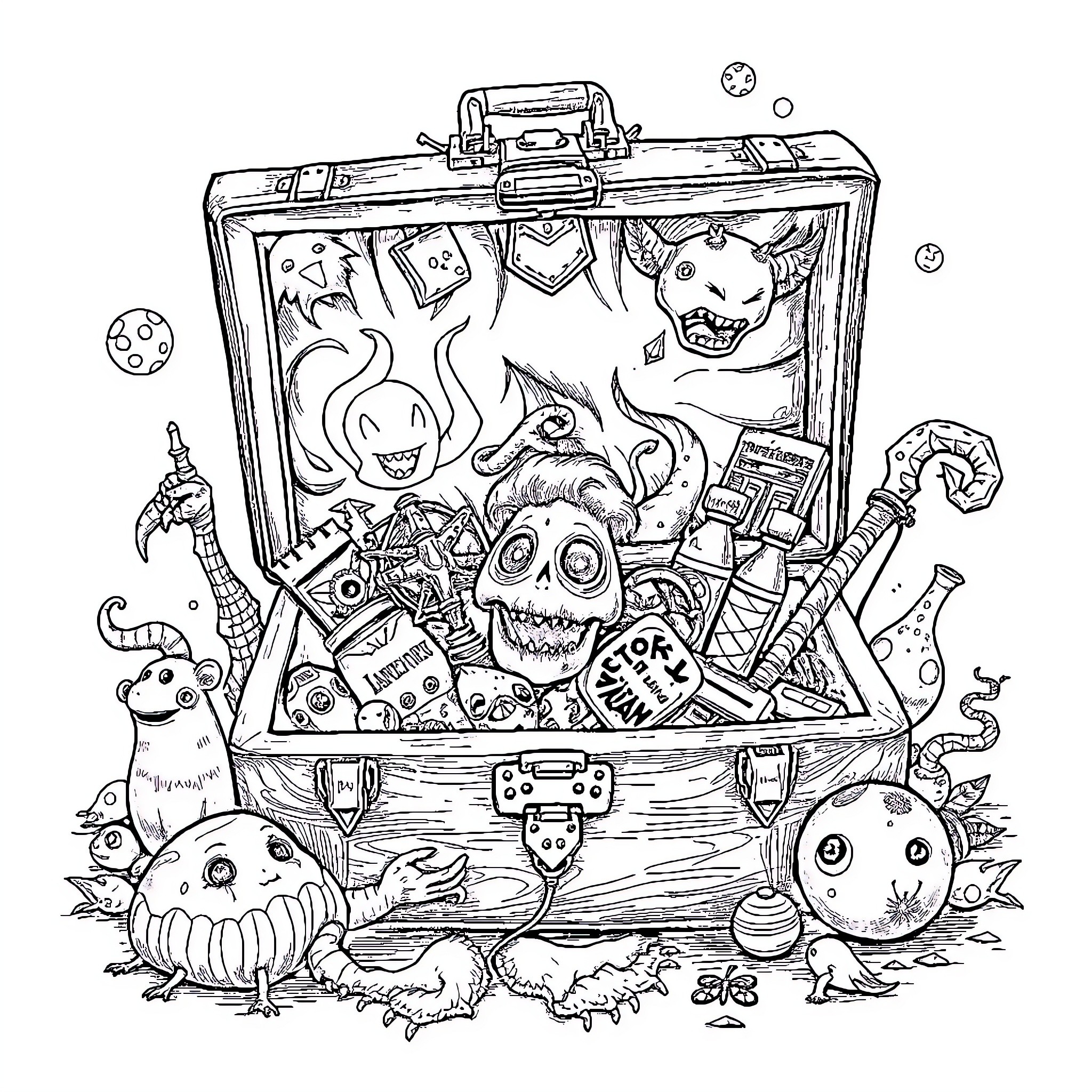 Creature curiosities in a curious chest Coloring Page (free black-and-white line drawing printable PDF for all, from beginners to advanced learners, including children, teens, adults, and seniors)