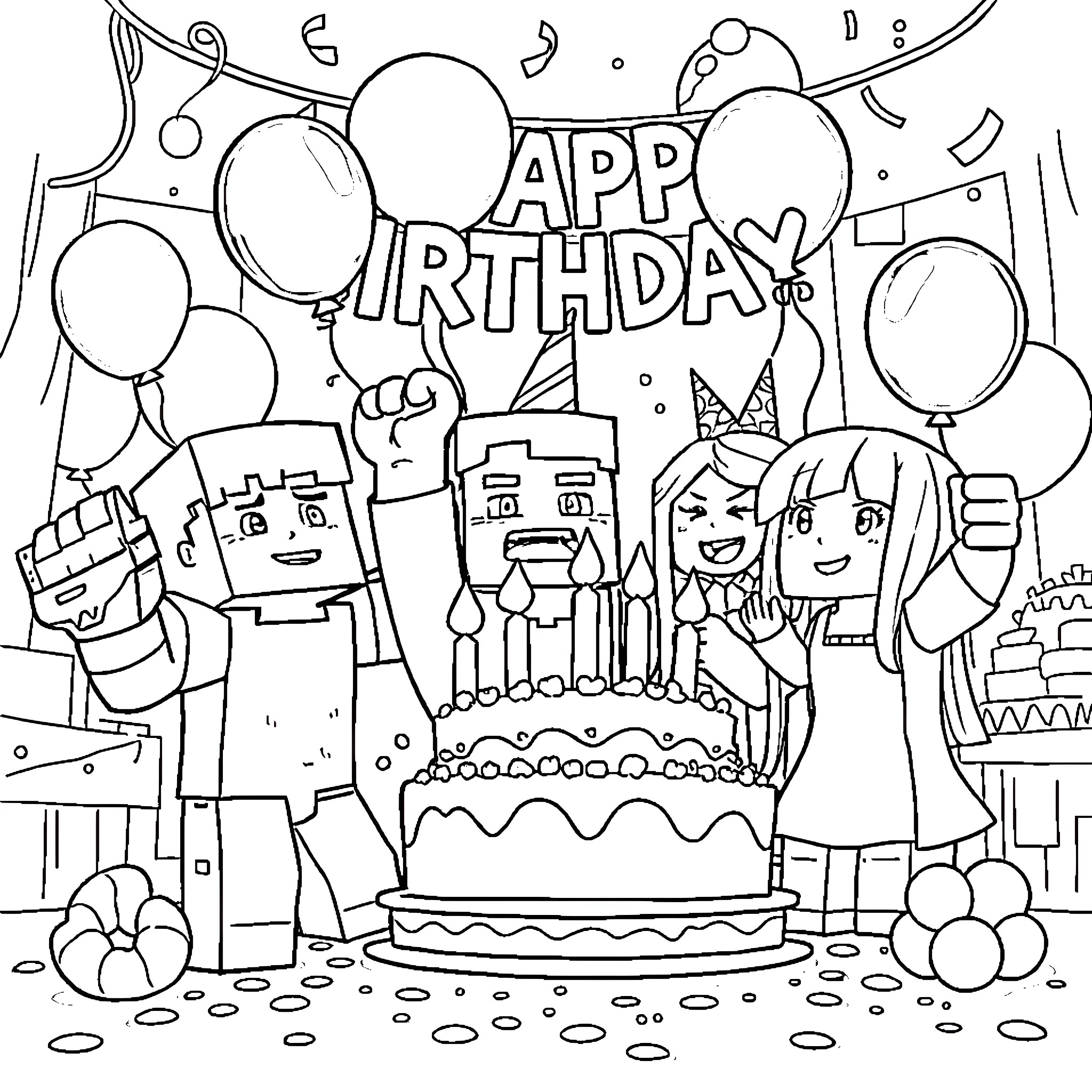 Minecraft Character Birthday Celebration with Cake and Balloons Coloring Page (free black-and-white line drawing printable PDF for all, from beginners to advanced learners, including children, teens, adults, and seniors)