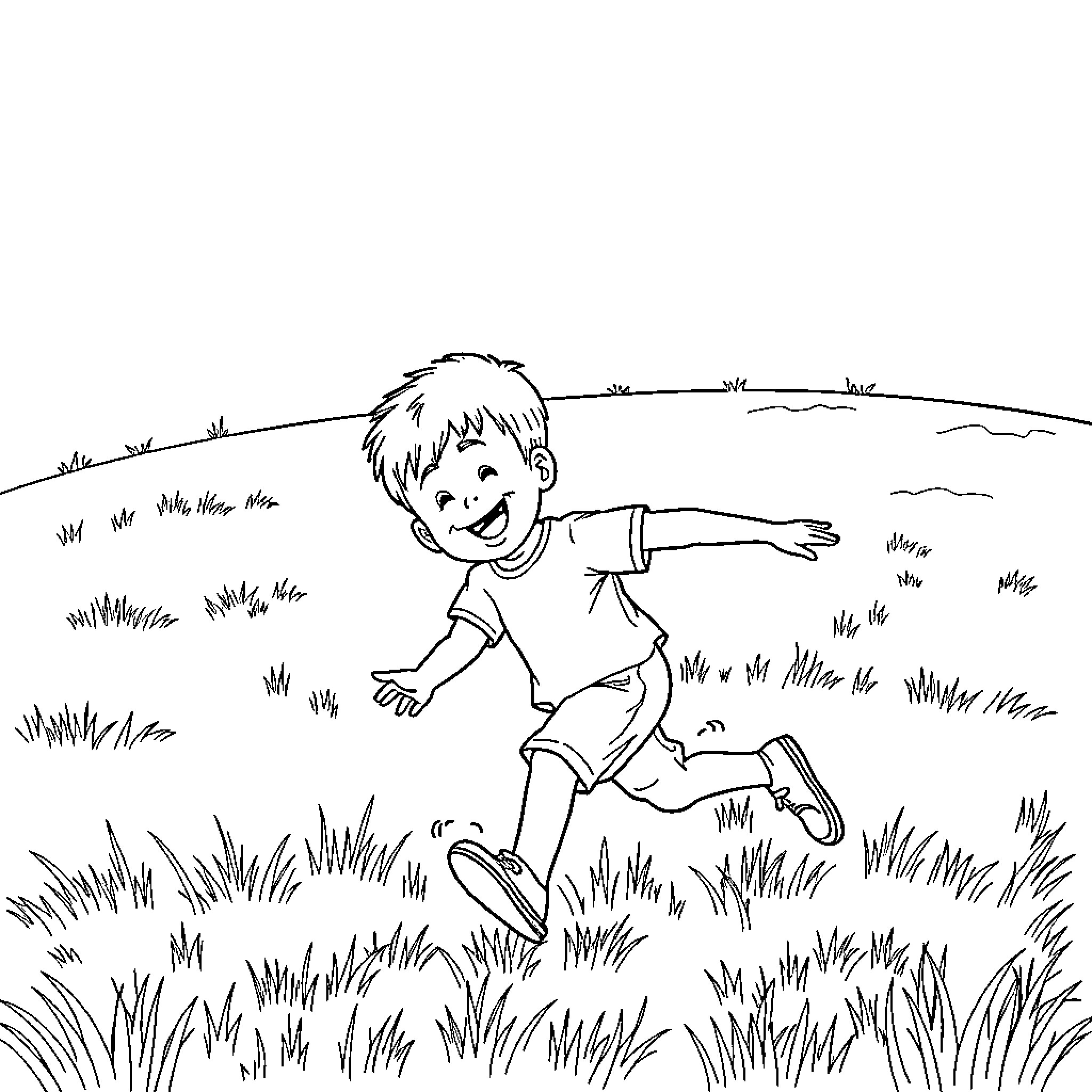 Boy running joyfully through the grassy field Coloring Page (free black-and-white line drawing printable PDF for all, from beginners to advanced learners, including children, teens, adults, and seniors)