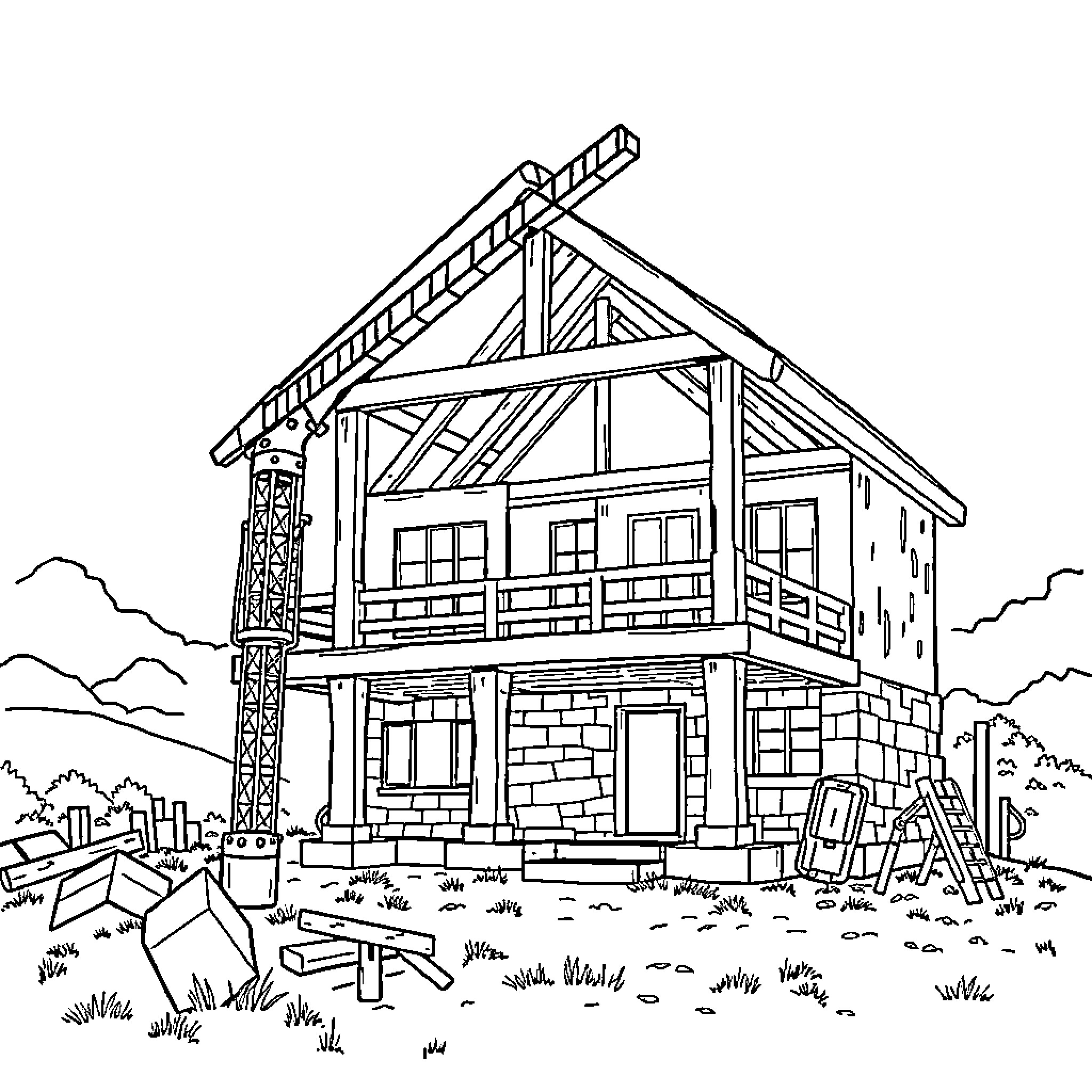 Grúa construction of a wooden cabin in nature Coloring Page (free black-and-white line drawing printable PDF for all, from beginners to advanced learners, including children, teens, adults, and seniors)