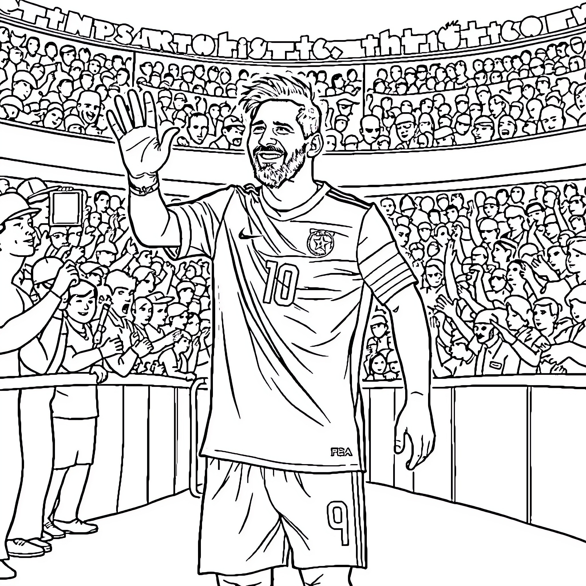 Lionel Messi celebrating victory with fans in the stadium Coloring Page (free black-and-white line drawing printable PDF for all, from beginners to advanced learners, including children, teens, adults, and seniors)