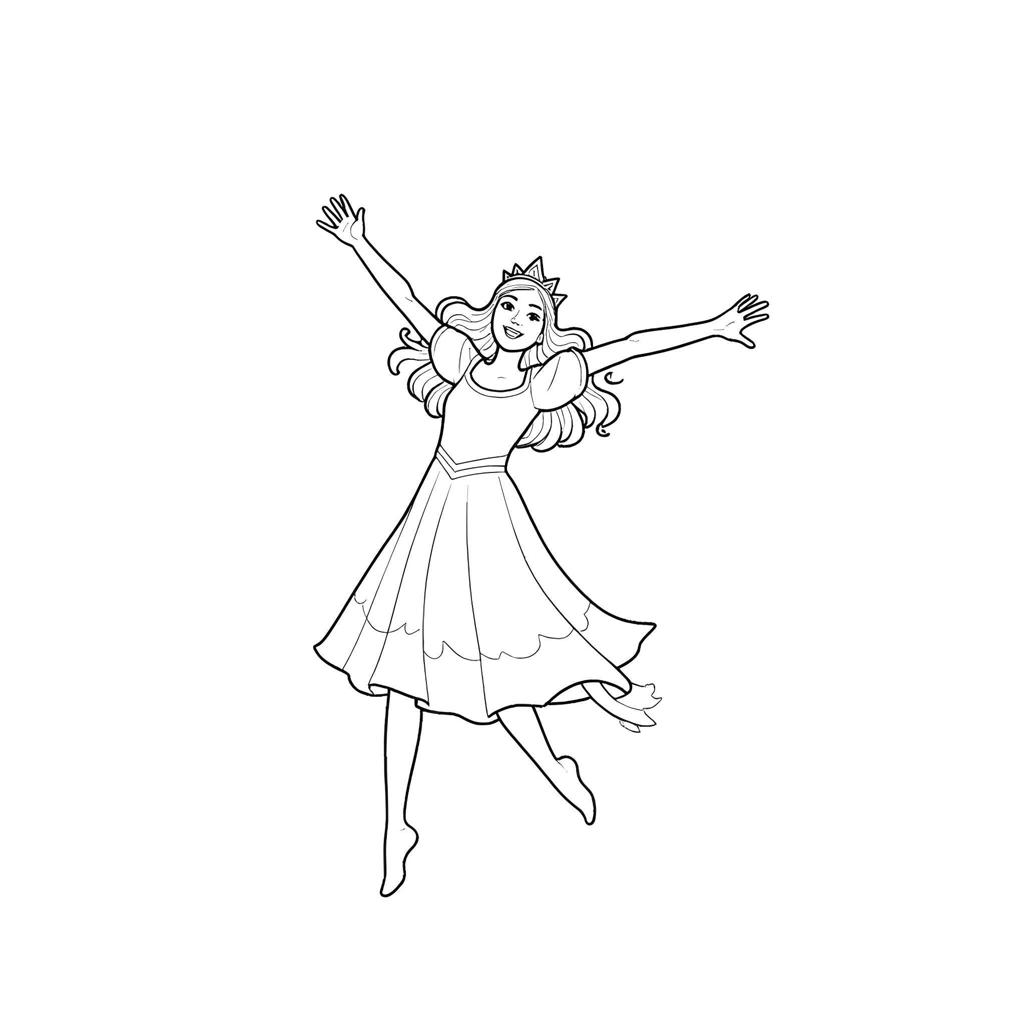 Princess dancing joyfully in elegant dress Coloring Page (free black-and-white line drawing printable PDF for all, from beginners to advanced learners, including children, teens, adults, and seniors)