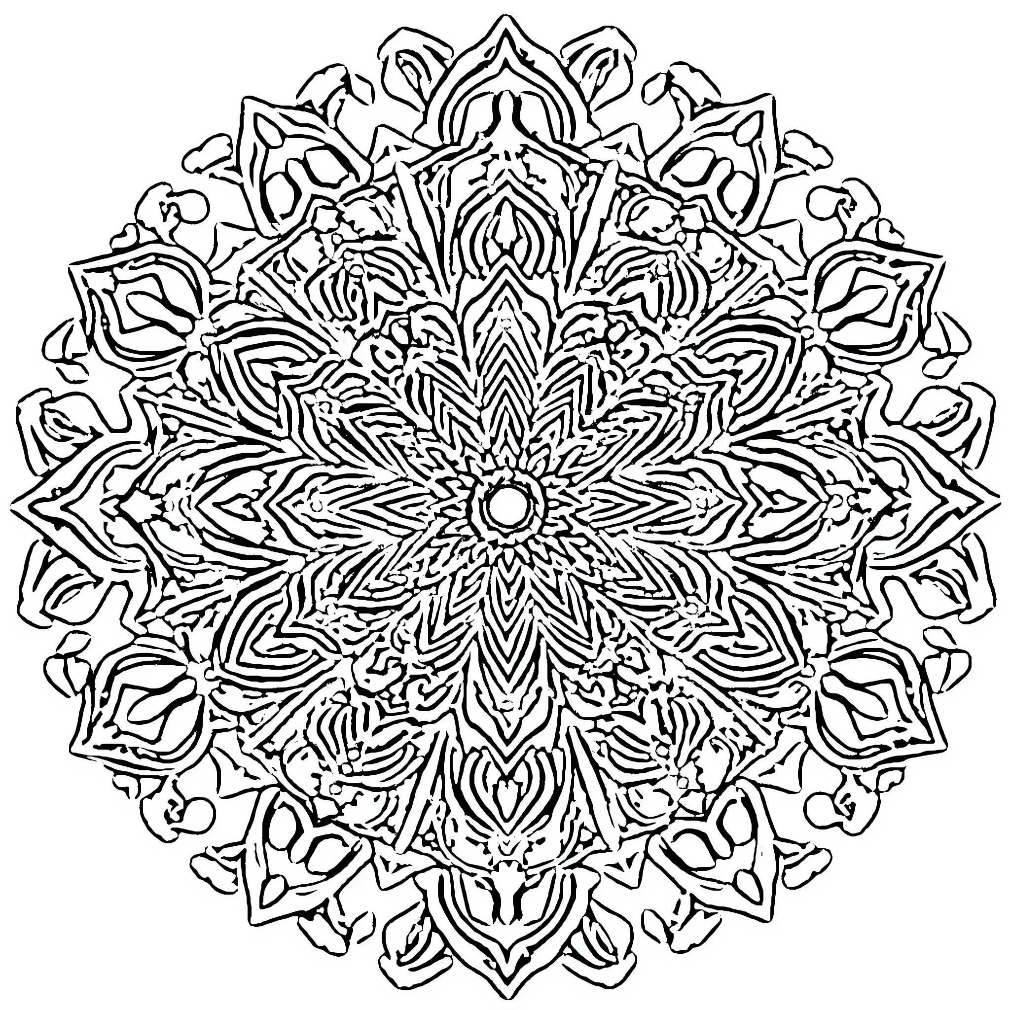 Mandala with intricate floral pattern and symmetry Coloring Page (free black-and-white line drawing printable PDF for all, from beginners to advanced learners, including children, teens, adults, and seniors)
