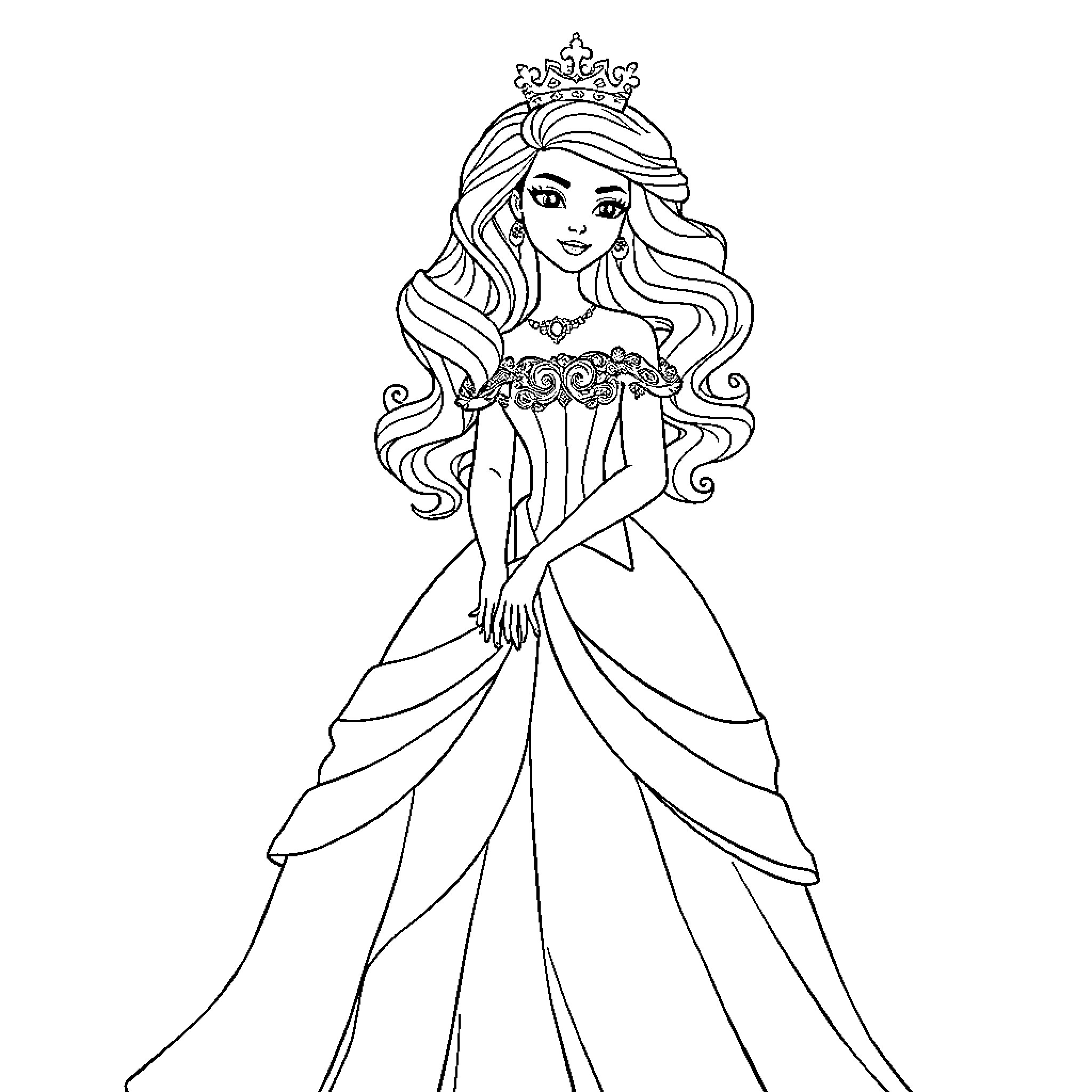 Princess in Elegant Ball Gown and Crown Coloring Page (free black-and-white line drawing printable PDF for all, from beginners to advanced learners, including children, teens, adults, and seniors)