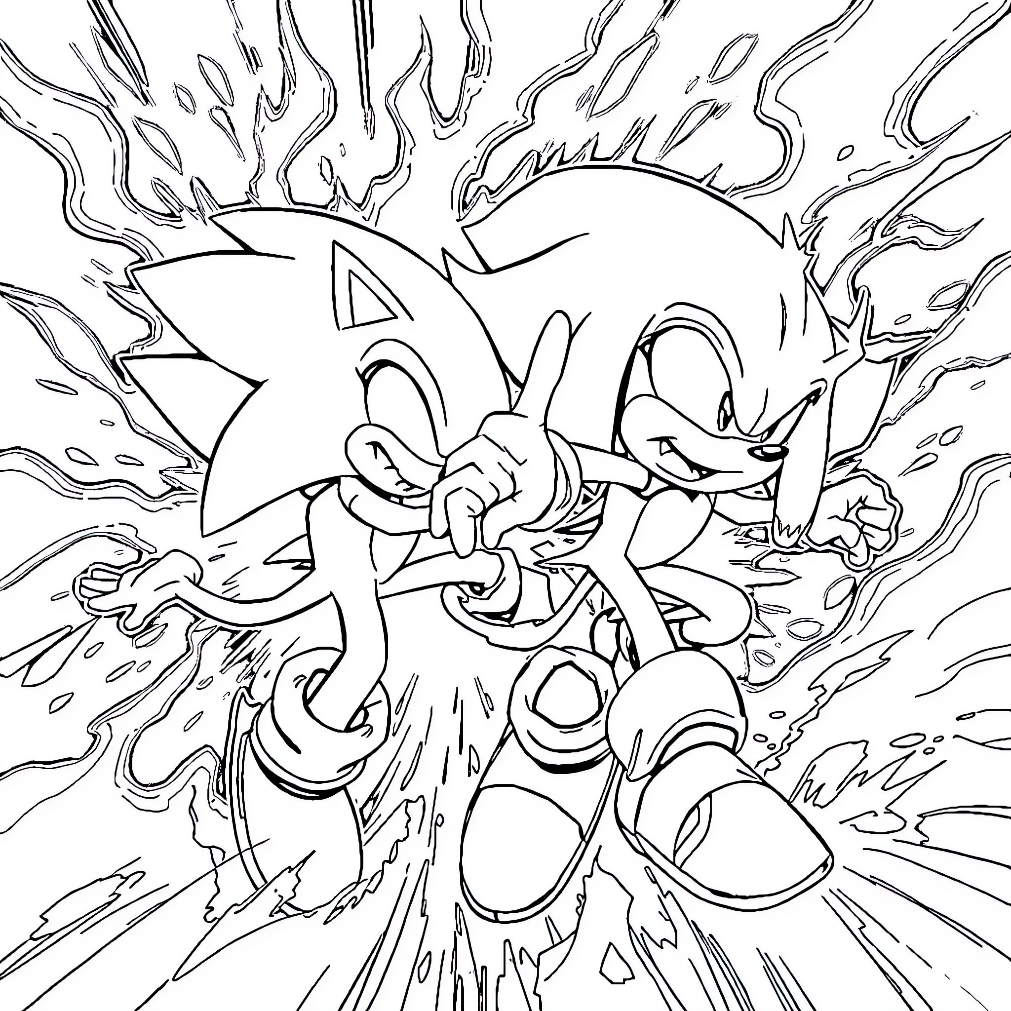 Sonic characters in dynamic action sequence Coloring Page (free black-and-white line drawing printable PDF for all, from beginners to advanced learners, including children, teens, adults, and seniors)