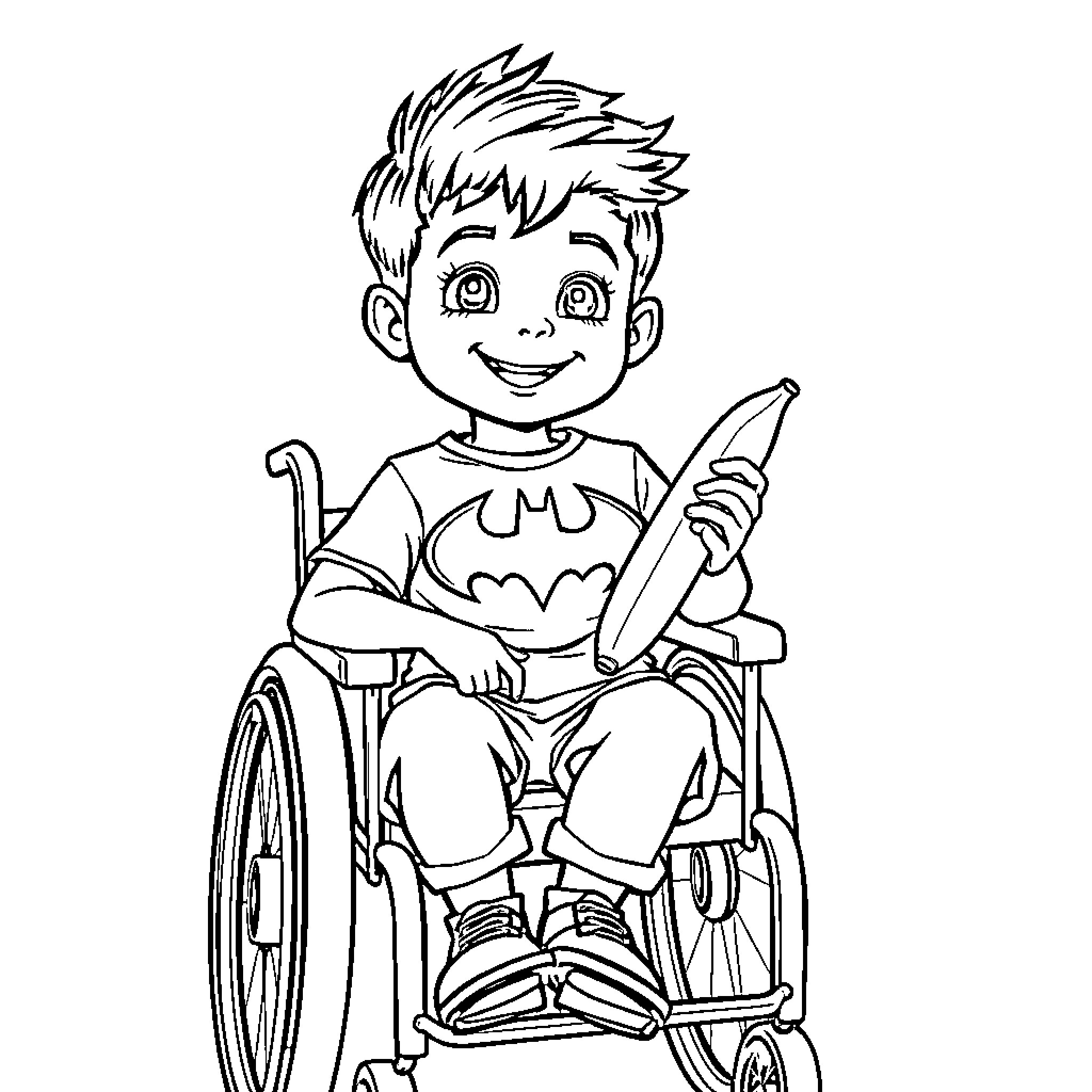 Boy in Wheelchair Holding a Crayon Coloring Page (free black-and-white line drawing printable PDF for all, from beginners to advanced learners, including children, teens, adults, and seniors)