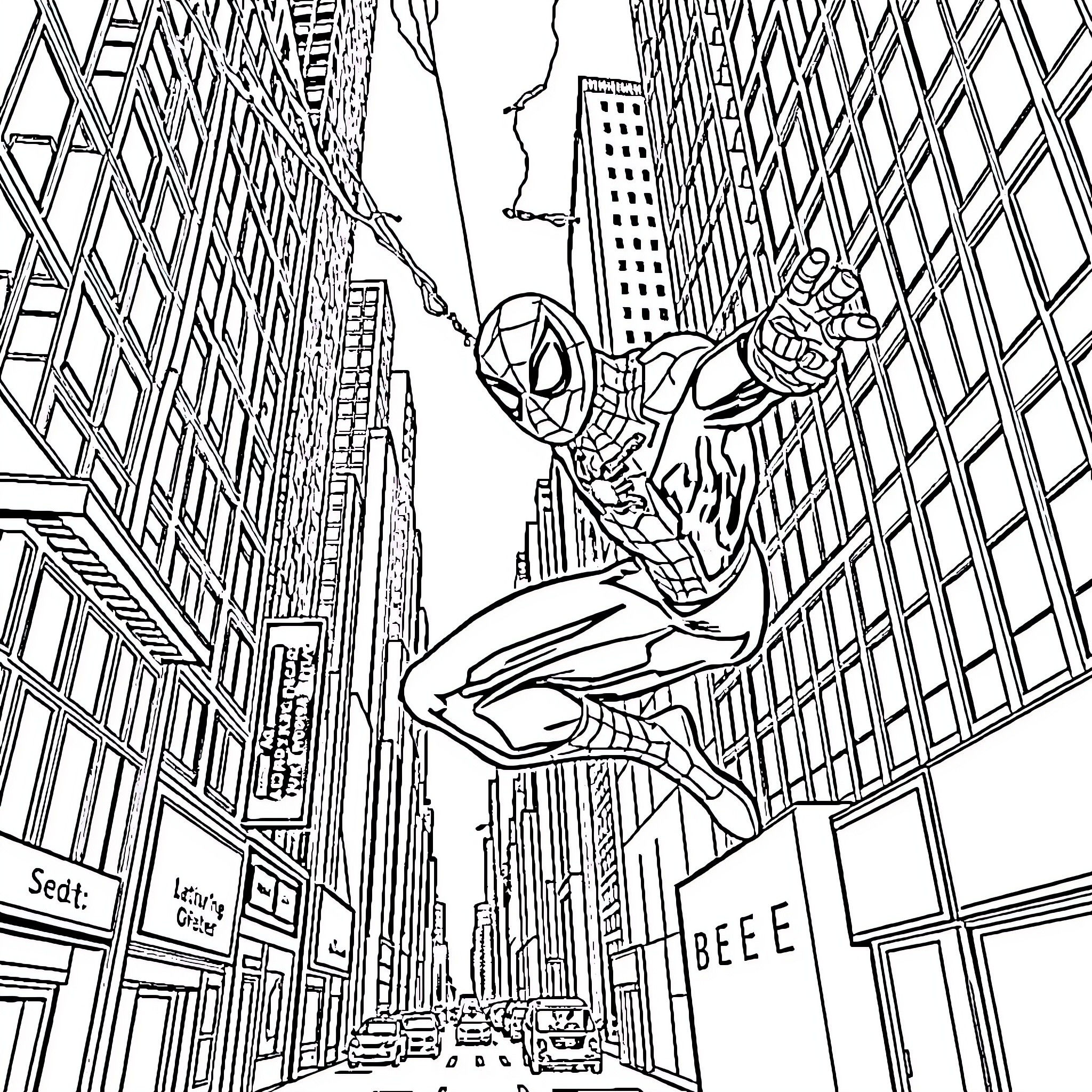 Spiderman swinging through the city skyline Coloring Page (free black-and-white line drawing printable PDF for all, from beginners to advanced learners, including children, teens, adults, and seniors)