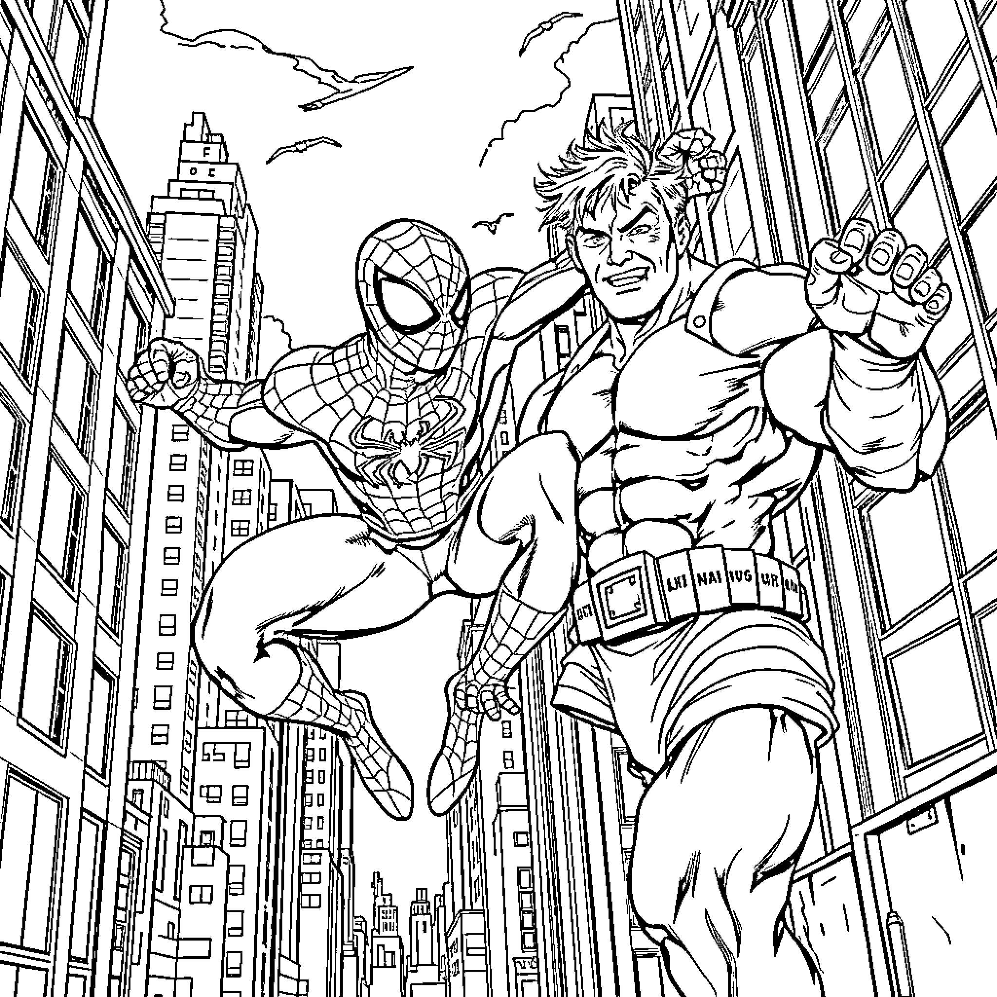 Spider-Man and Hercules team up to save the city Coloring Page (free black-and-white line drawing printable PDF for all, from beginners to advanced learners, including children, teens, adults, and seniors)