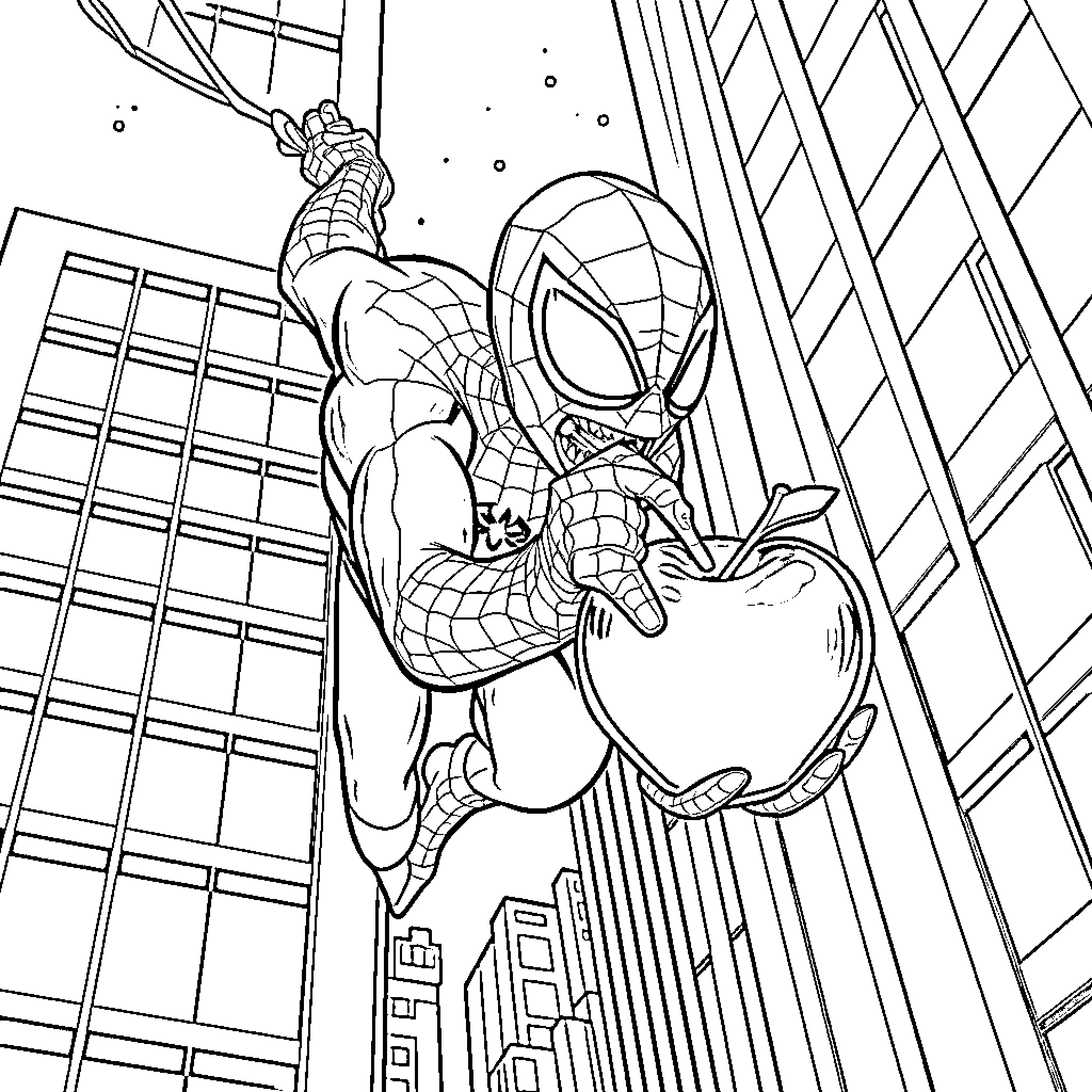 Spiderman swinging through the city skyline Coloring Page (free black-and-white line drawing printable PDF for all, from beginners to advanced learners, including children, teens, adults, and seniors)