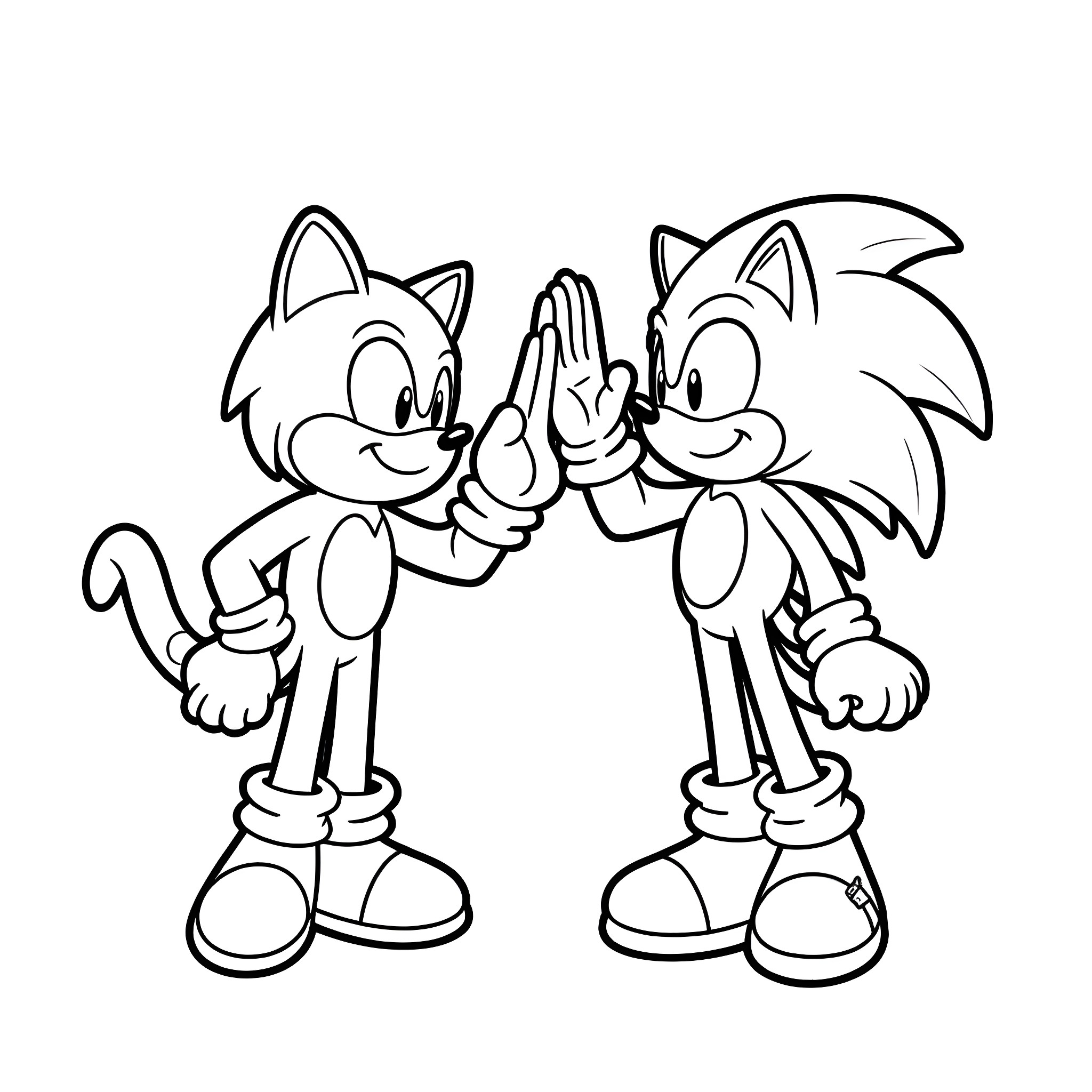 Panther friends exchanging high-fives Coloring Page (free black-and-white line drawing printable PDF for all, from beginners to advanced learners, including children, teens, adults, and seniors)